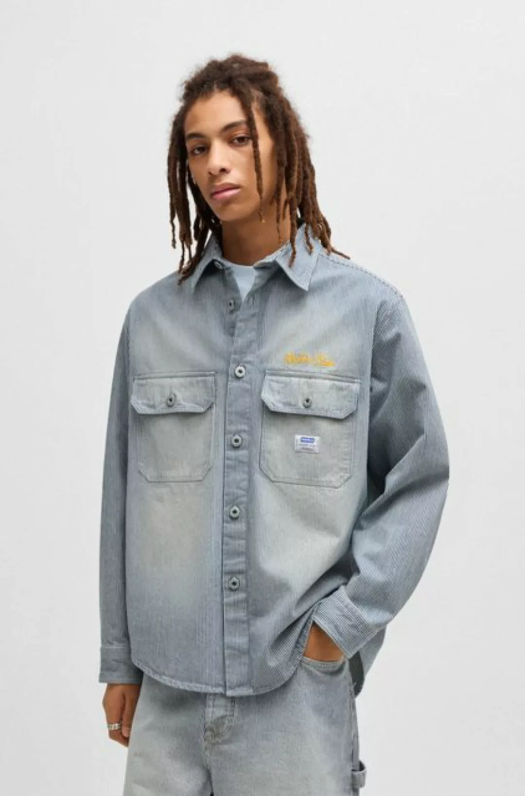 HUGO Blue Langarmhemd Ebolt mit HUGO Badge, Overshirt Skater Baggy Pinstrip günstig online kaufen