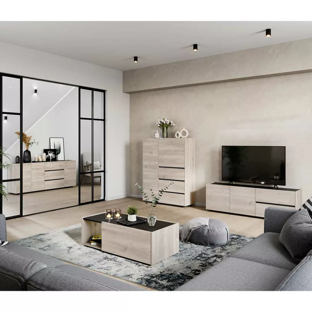 Wohnzimmerwohnwand in modernem Design Eiche hell und schwarz (dreiteilig) günstig online kaufen