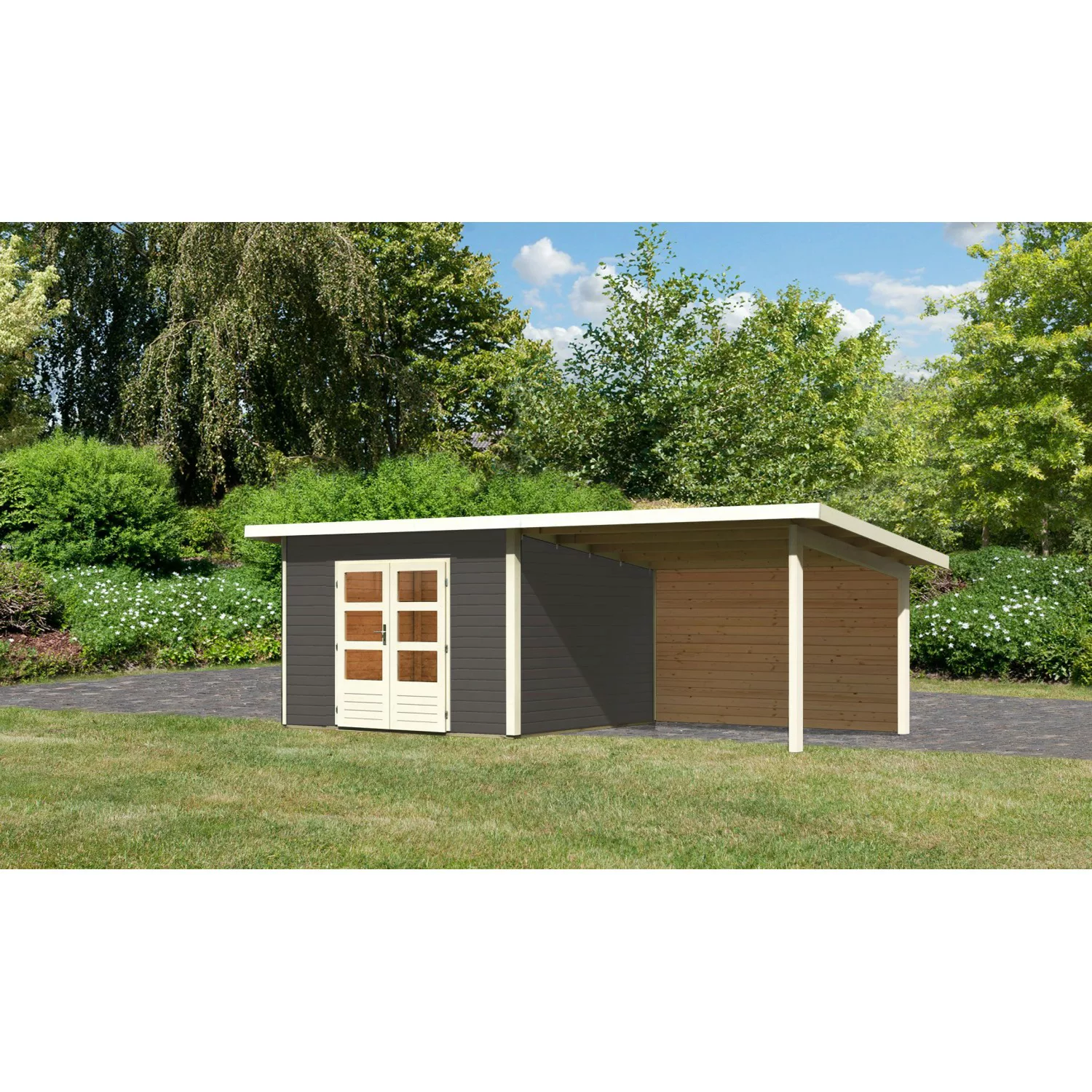 Karibu Holz-Gartenhaus Karlskoga 3 Terragrau Pultdach Lackiert 305 cm x 305 günstig online kaufen