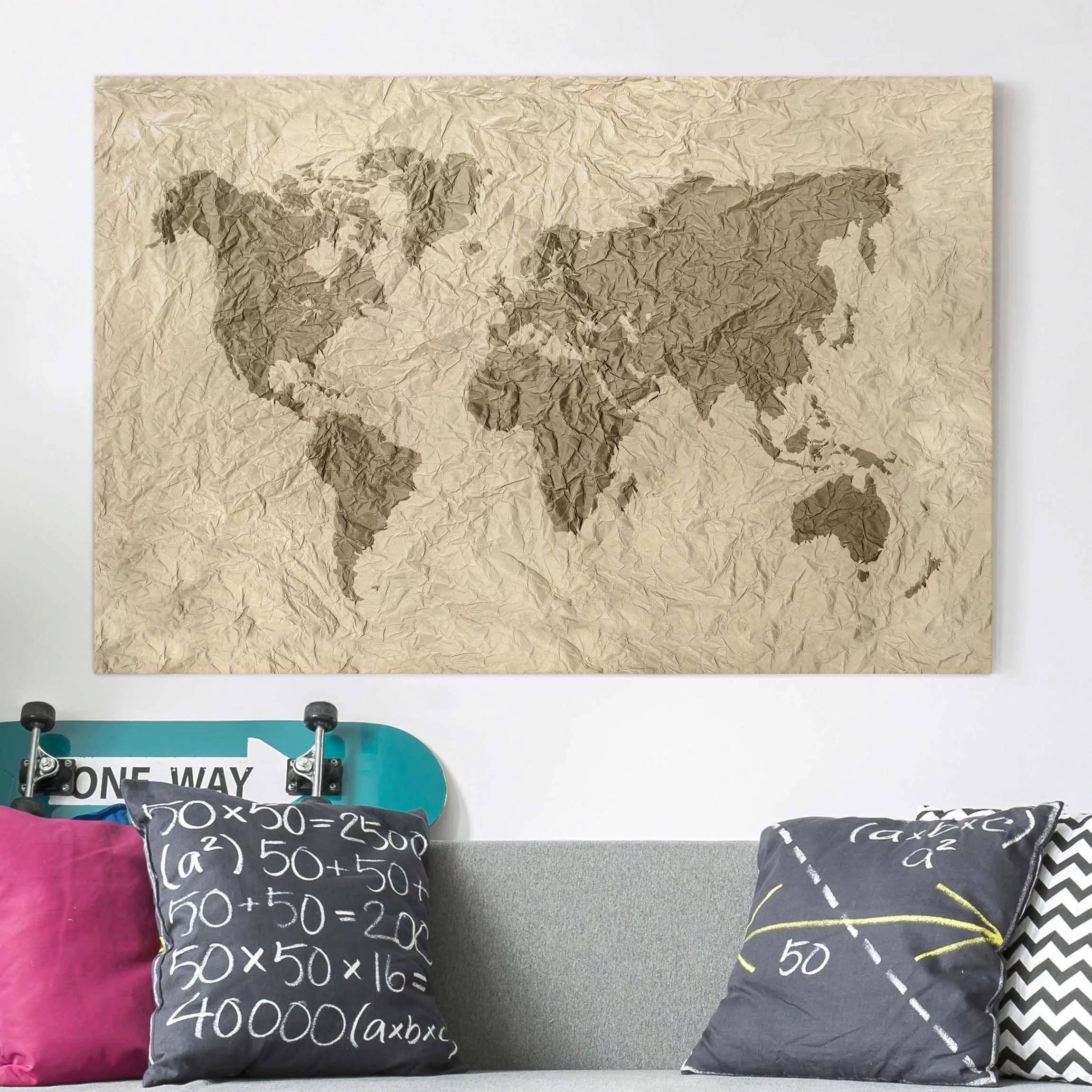 Leinwandbild Weltkarte - Querformat Papier Weltkarte Beige Braun günstig online kaufen