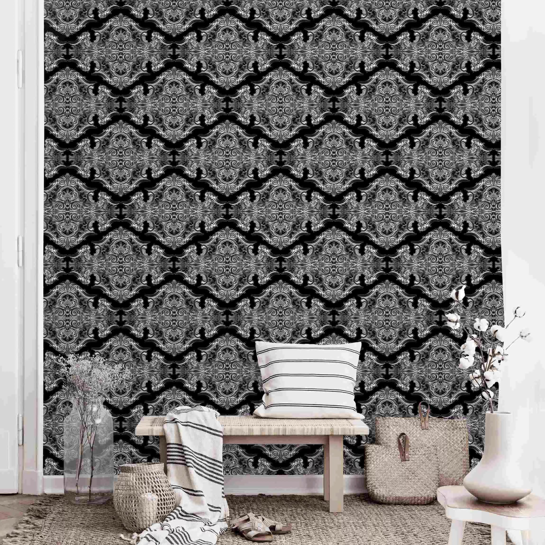 Fototapete Aquarell Barock Muster mit Ornamenten vor Schwarz günstig online kaufen