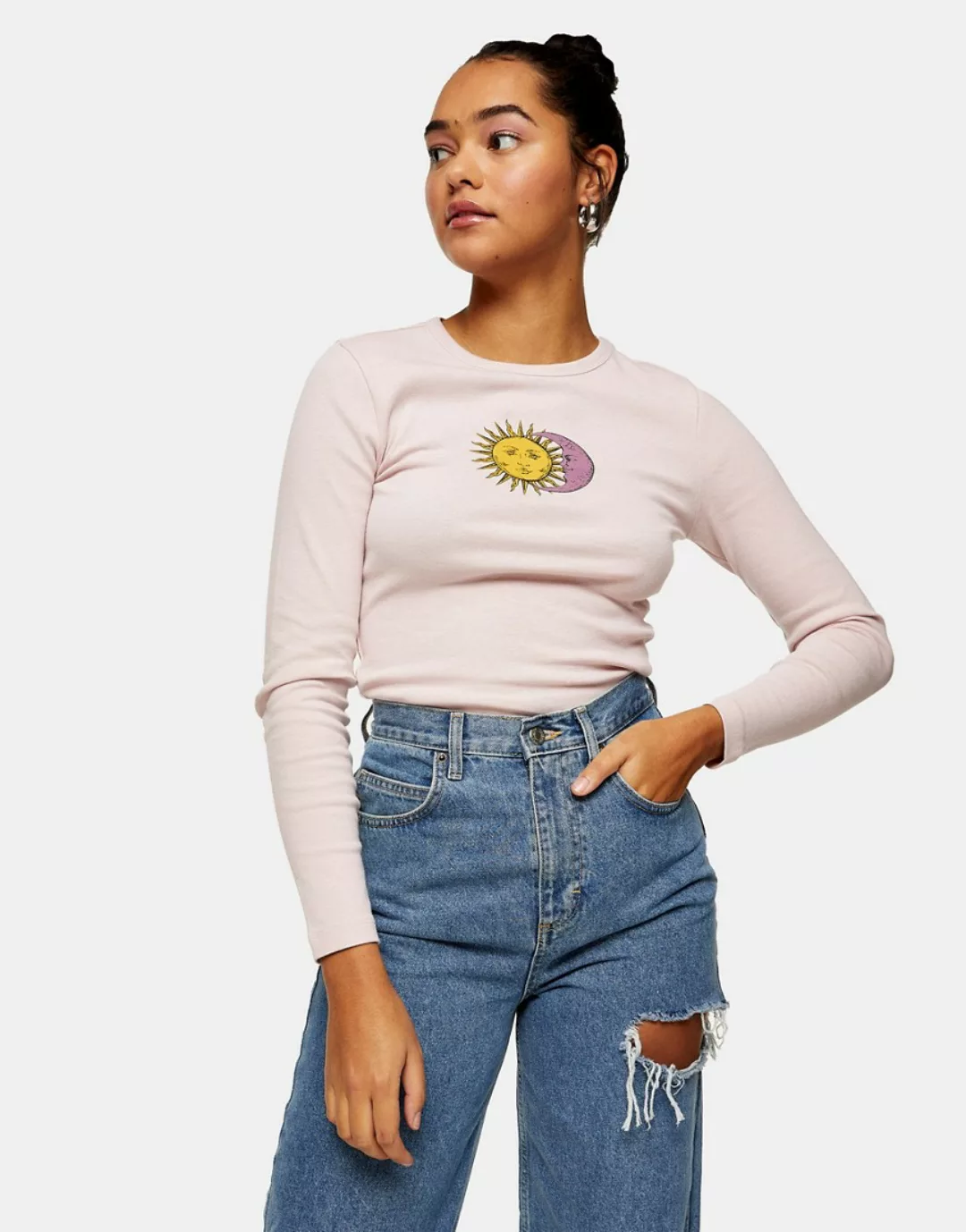 Topshop – Langärmliges T-Shirt mit Sonne- und Mondgrafik in Rosa günstig online kaufen