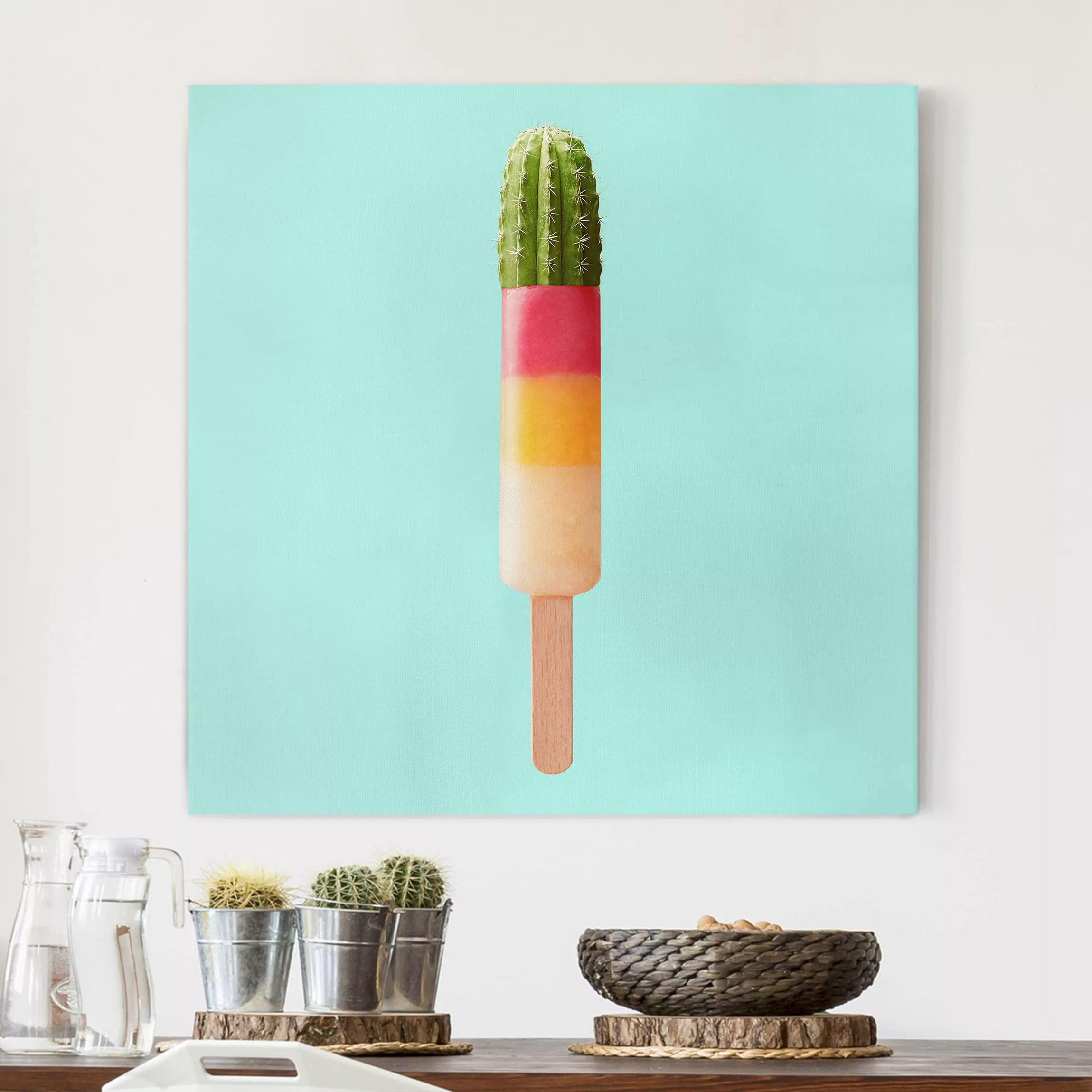Leinwandbild Küche - Quadrat Eis mit Kaktus günstig online kaufen