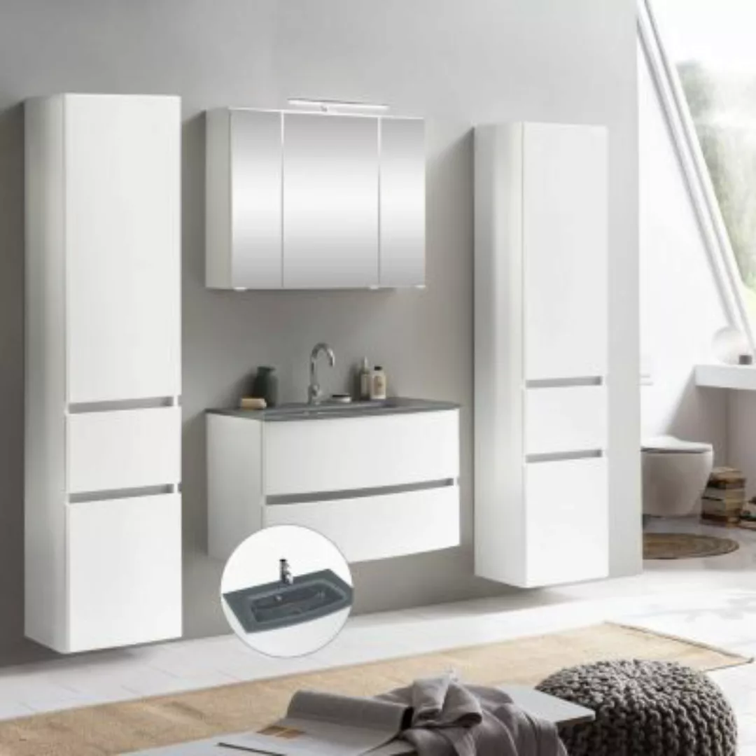 Lomadox Badmöbel Komplett Set LAURIA-03 in matt weiß mit Glasbecken grau, B günstig online kaufen