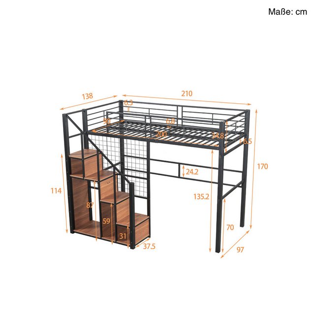 SOFTWEARY Hochbett mit Lattenrost und Regal (90x200 cm) Metallbett mit Raus günstig online kaufen