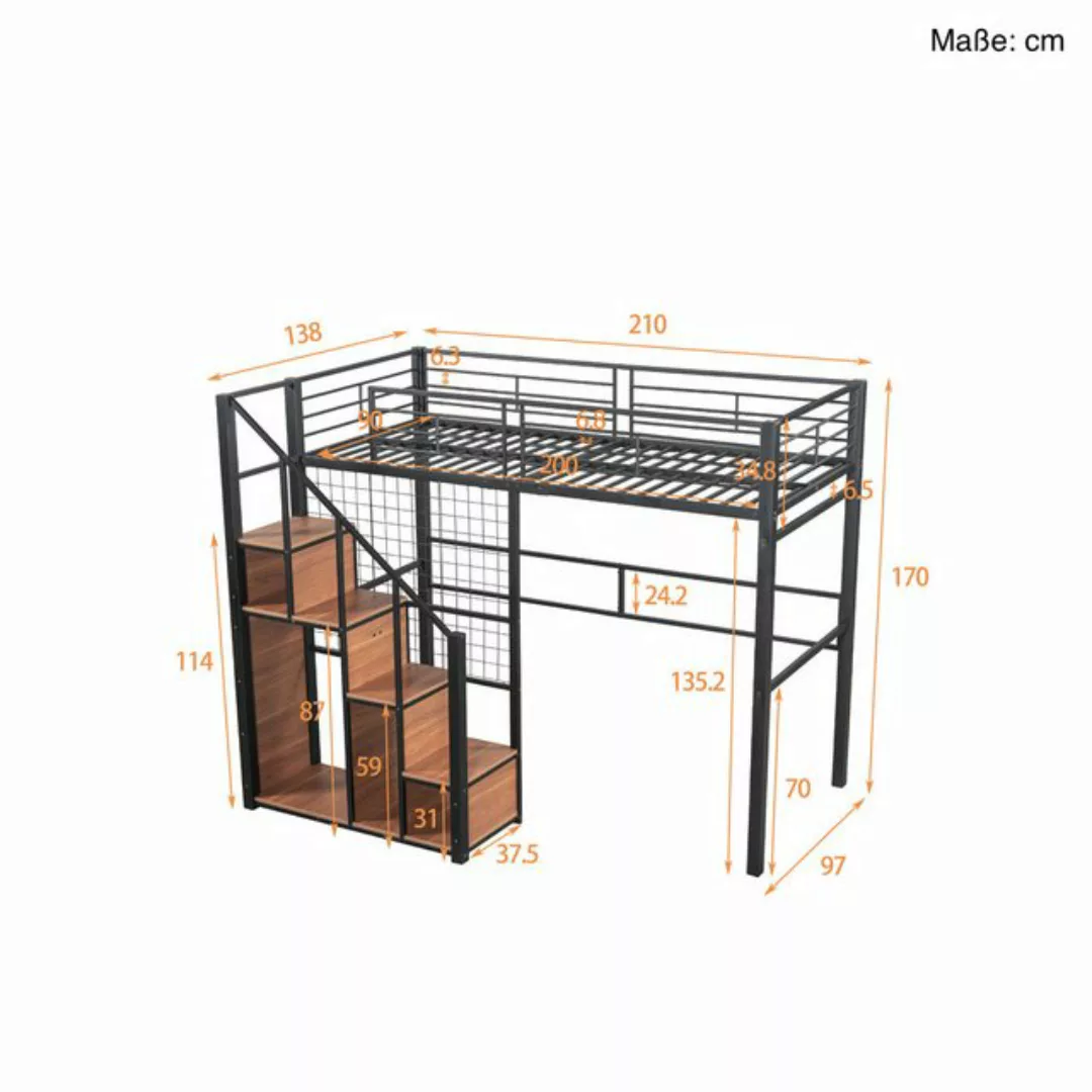 SOFTWEARY Hochbett mit Lattenrost und Regal (90x200 cm) Metallbett mit Raus günstig online kaufen