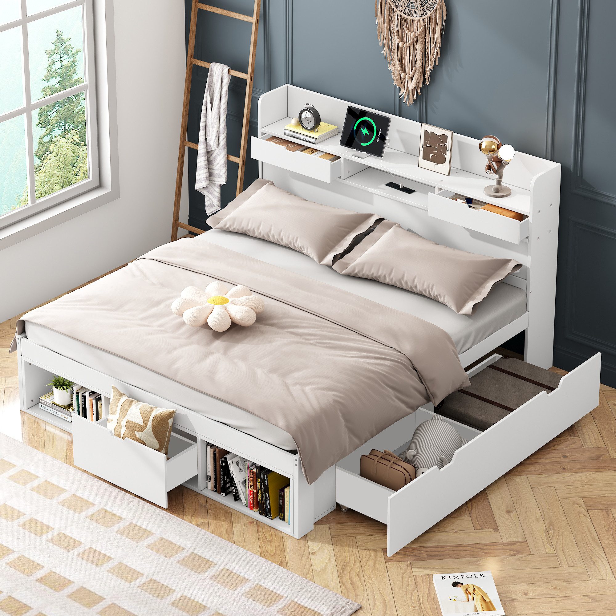Flieks Holzbett, Doppelbett 140x200cm mit USB-Laden günstig online kaufen