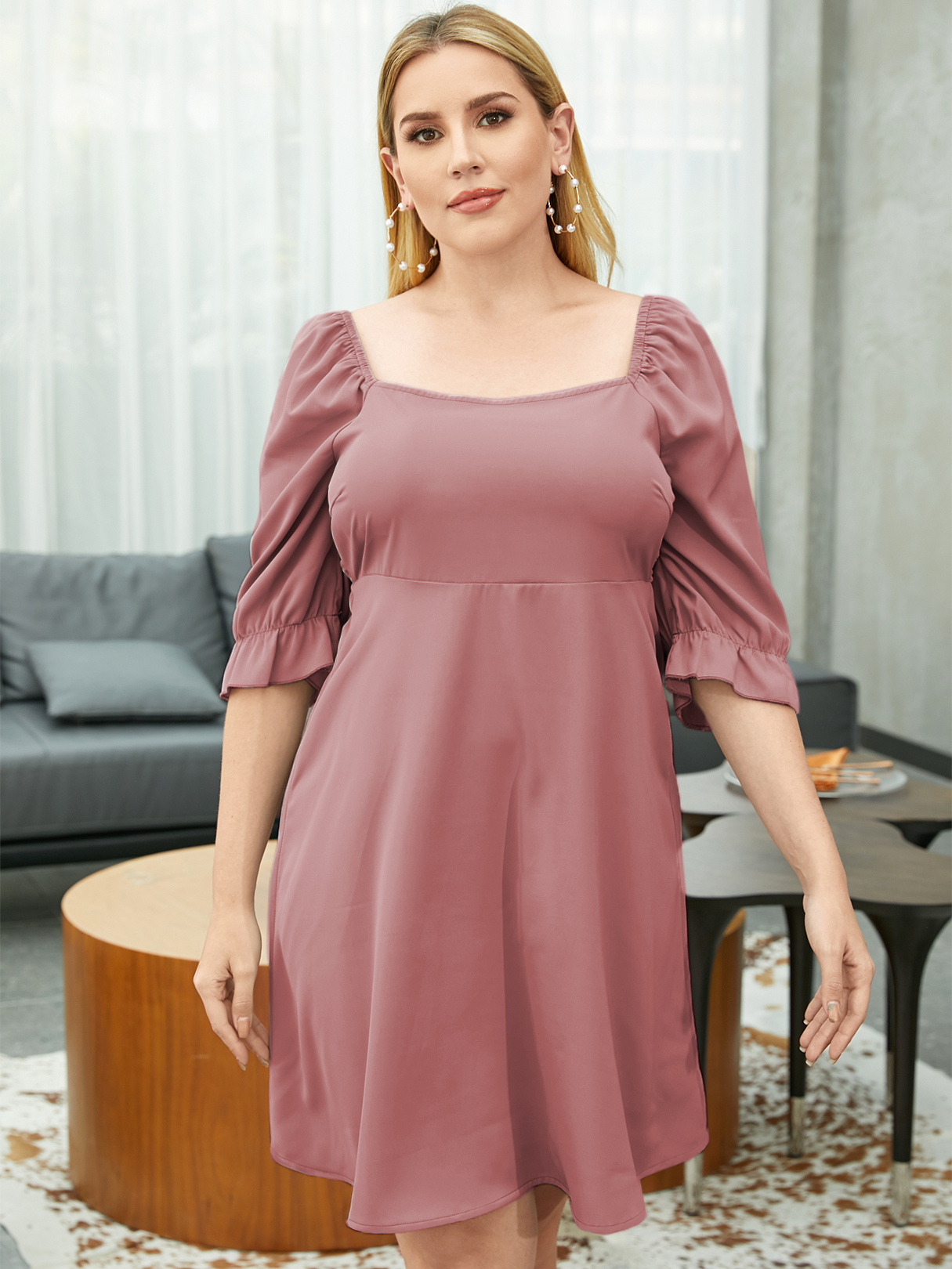 YOINS Plus Größe Square Neck Rückenfreies Design Halbarm Midi Kleid günstig online kaufen
