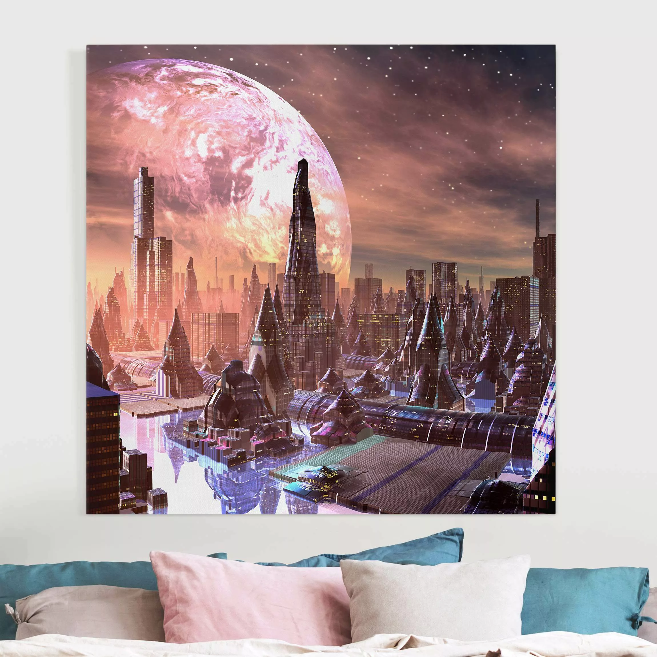 Leinwandbild Sci-Fi Stadt mit Planeten günstig online kaufen