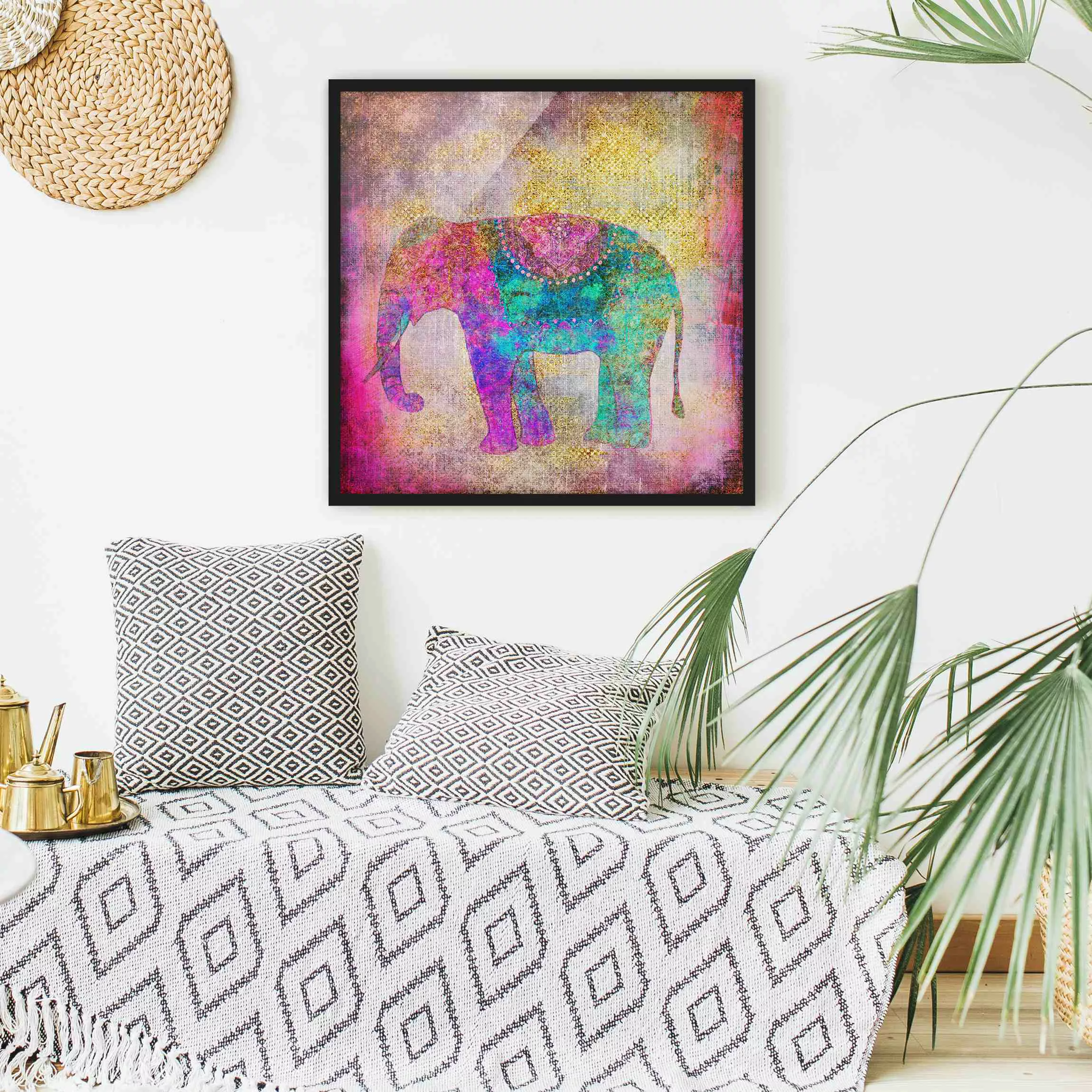 Bild mit Rahmen Tiere - Quadrat Bunte Collage - Indischer Elefant günstig online kaufen