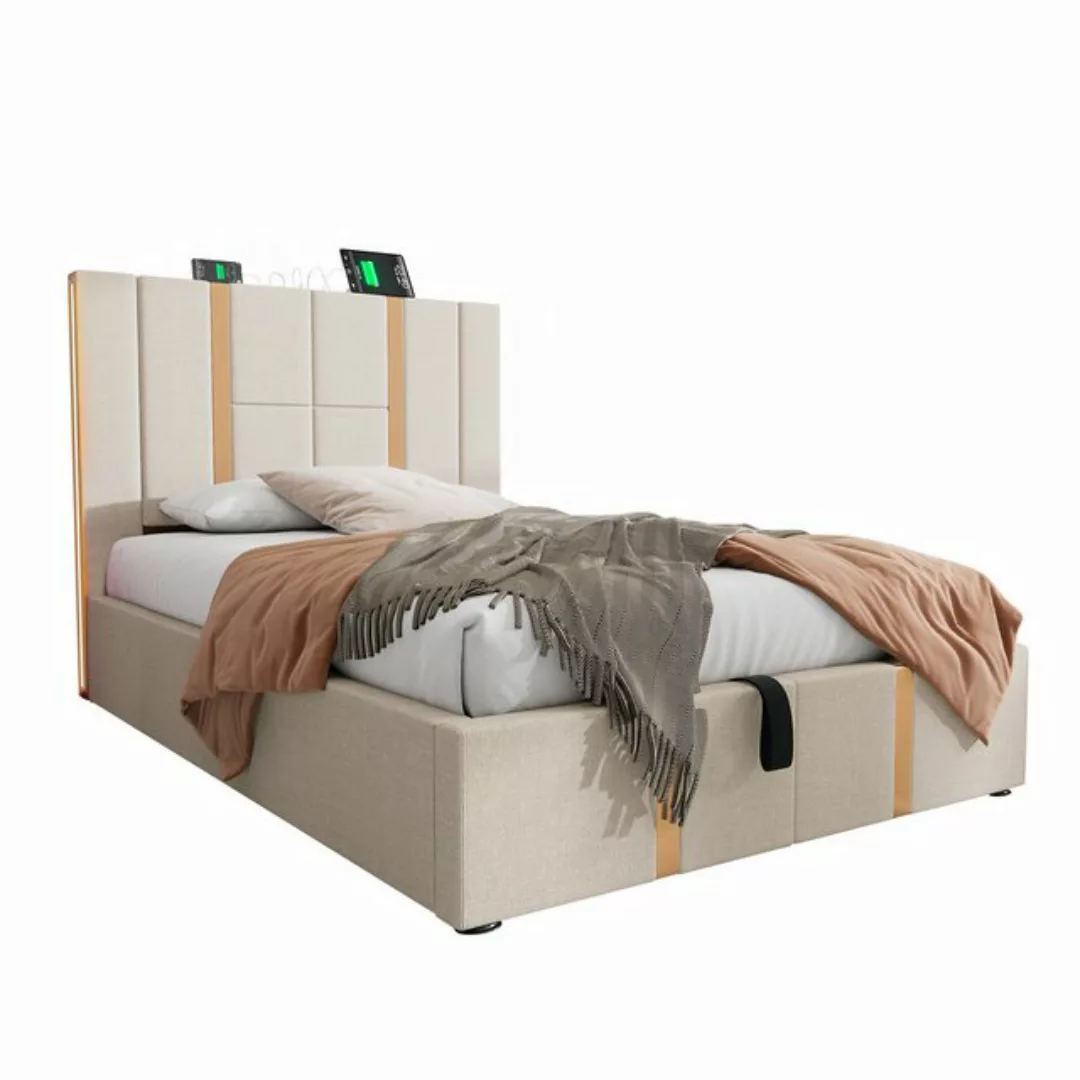 HAUSS SPOLE Polsterbett 90×200 mit Ladefunktion APP-Control LED Beige Leine günstig online kaufen