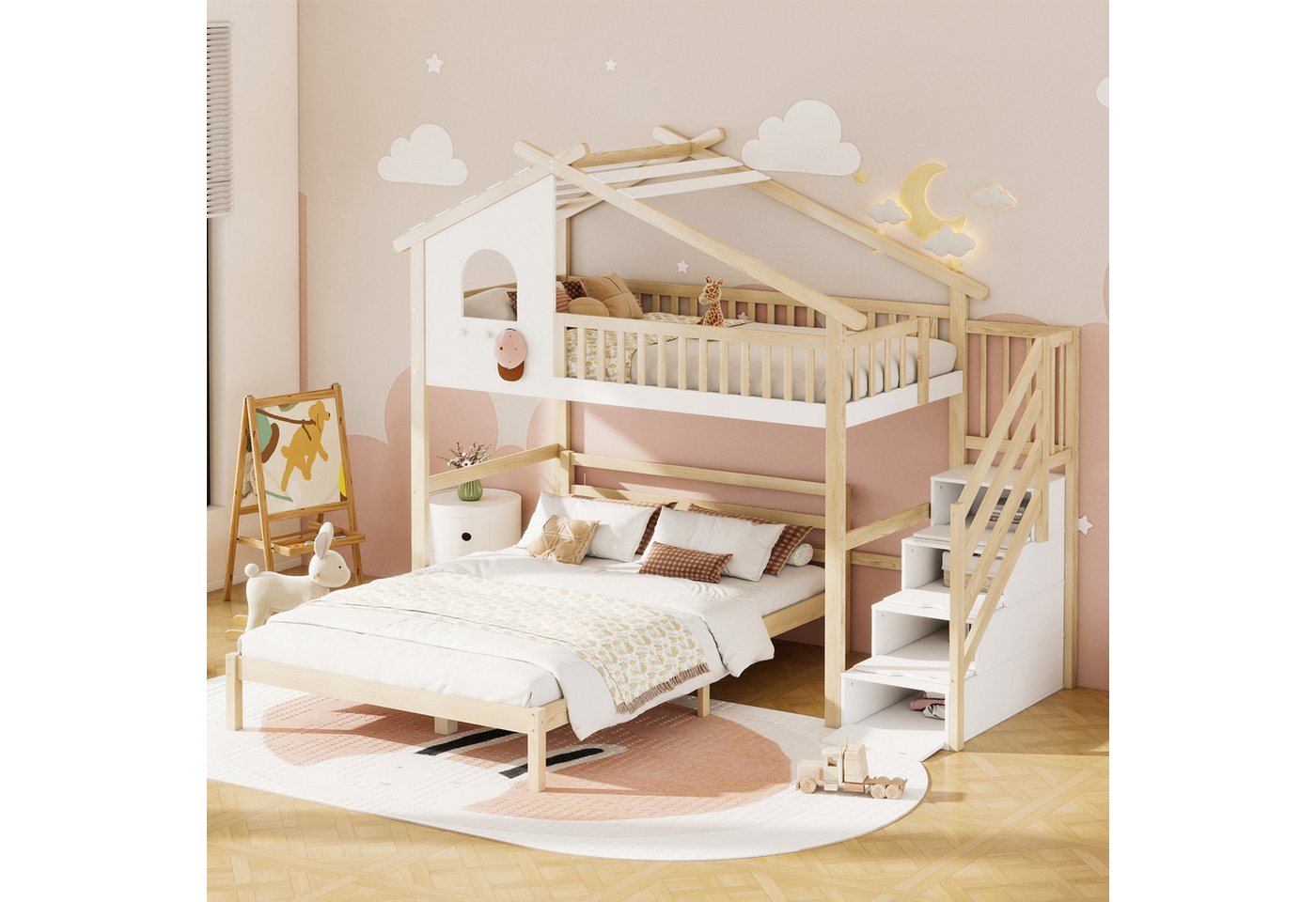 Flieks Etagenbett, Hochbett Kinderbett Hausbett mit Stauraumtreppe 90x200cm günstig online kaufen