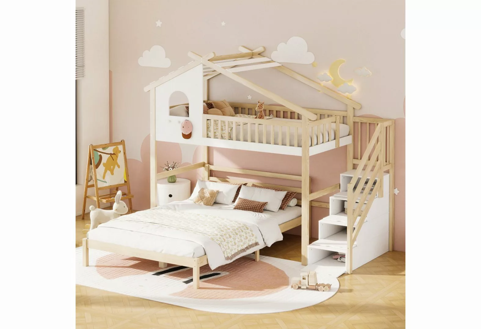 Flieks Etagenbett, Hochbett Kinderbett Hausbett mit Stauraumtreppe 90x200cm günstig online kaufen