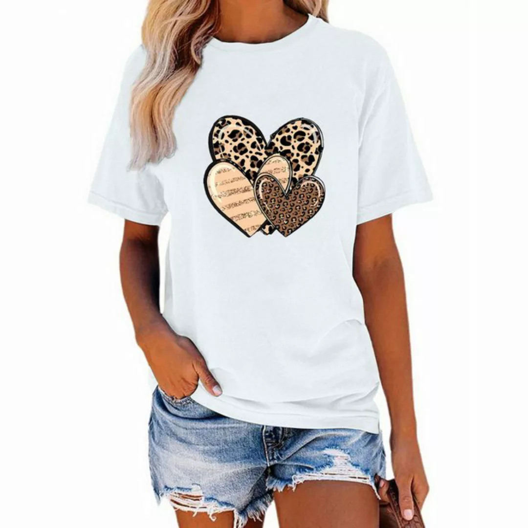 PYL Rundhalsshirt Damen Sommer Casual T-Shirt mit Leopardenherz Print Tee günstig online kaufen