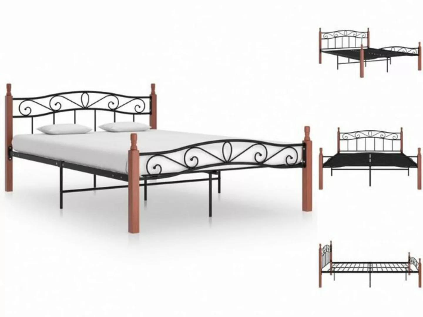vidaXL Bettgestell Massivholzbett Schwarz Metall und Eiche 140x200 cm Bett günstig online kaufen