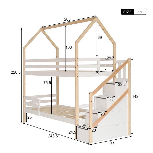 Odikalo Kinderbett Etagenbett Hausbett Hausform Leiterschrank Kiefernholz 9 günstig online kaufen