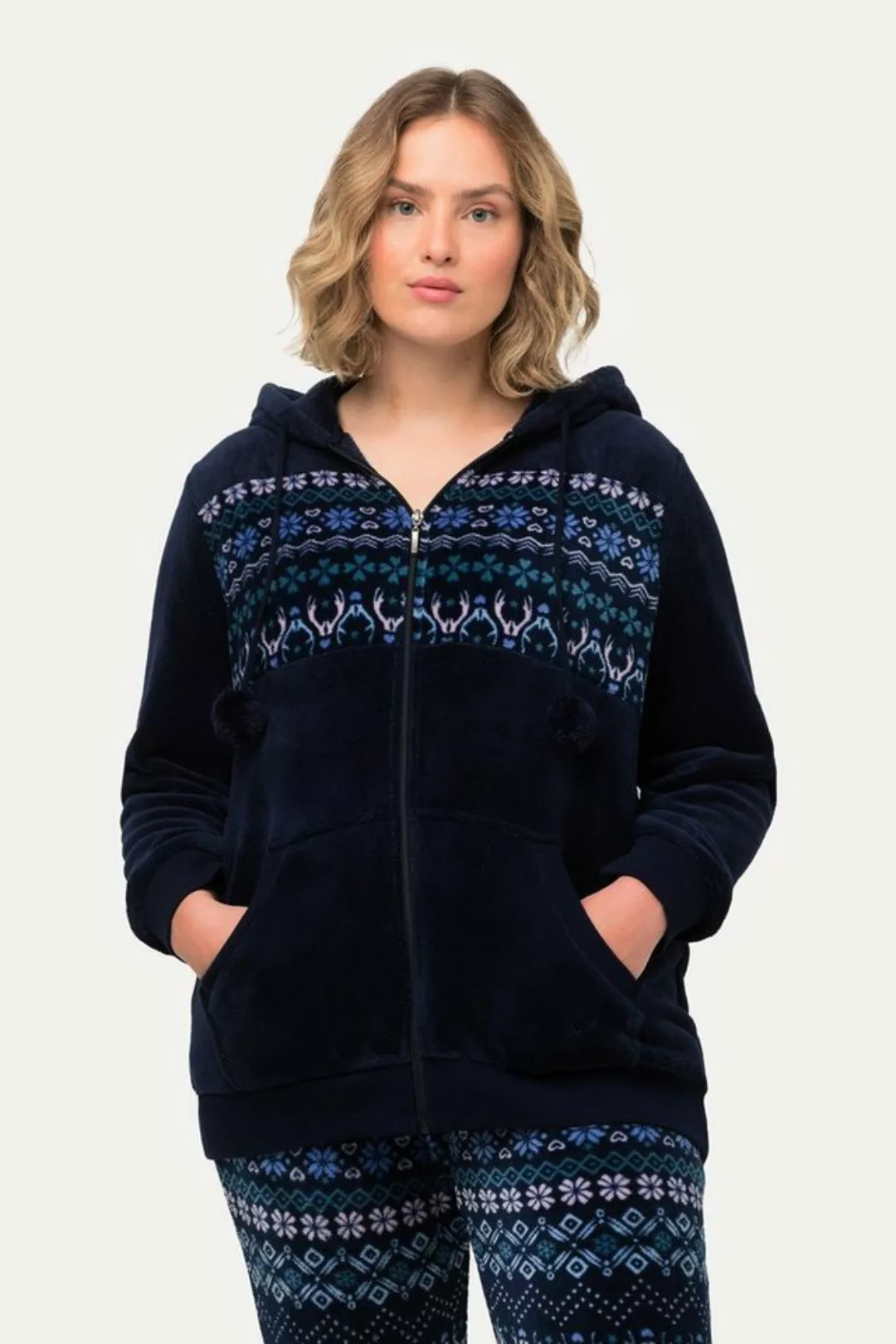 Ulla Popken Sweatjacke Homewear-Jacke Norwegermuster Plüsch Kapuze günstig online kaufen