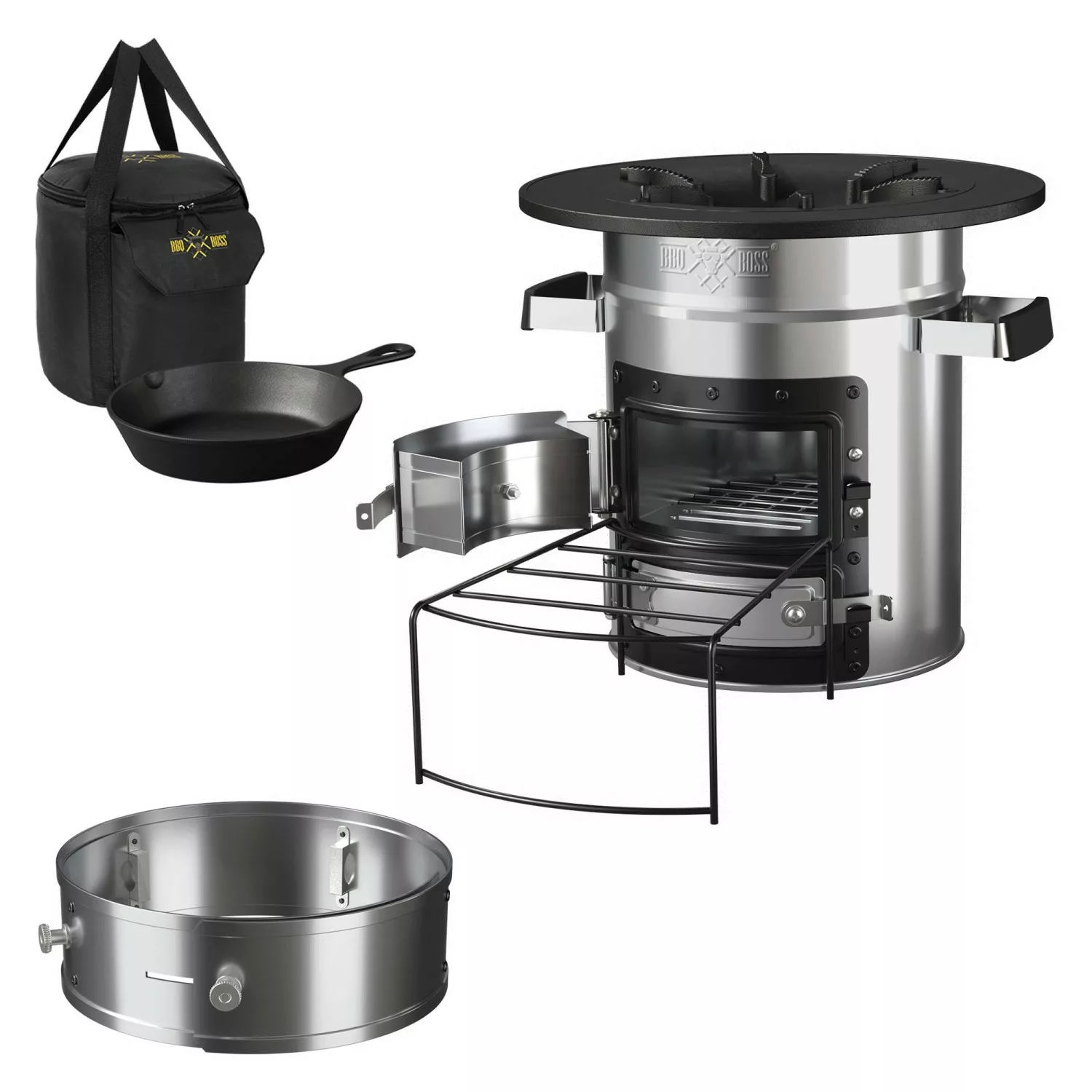 BbqBoss Raketenofen mit Grillpfanne Tragetasche Power Ring Silber Campingko günstig online kaufen