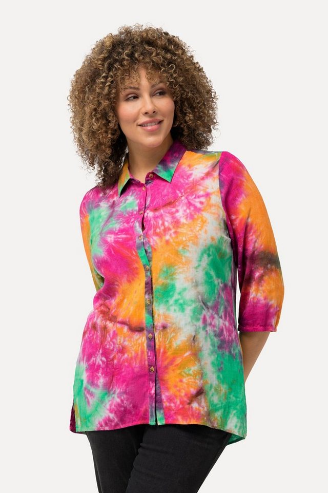 Ulla Popken Longbluse Leinenmix-Bluse Batik-Druck Hemdkragen 3/4-Arm günstig online kaufen