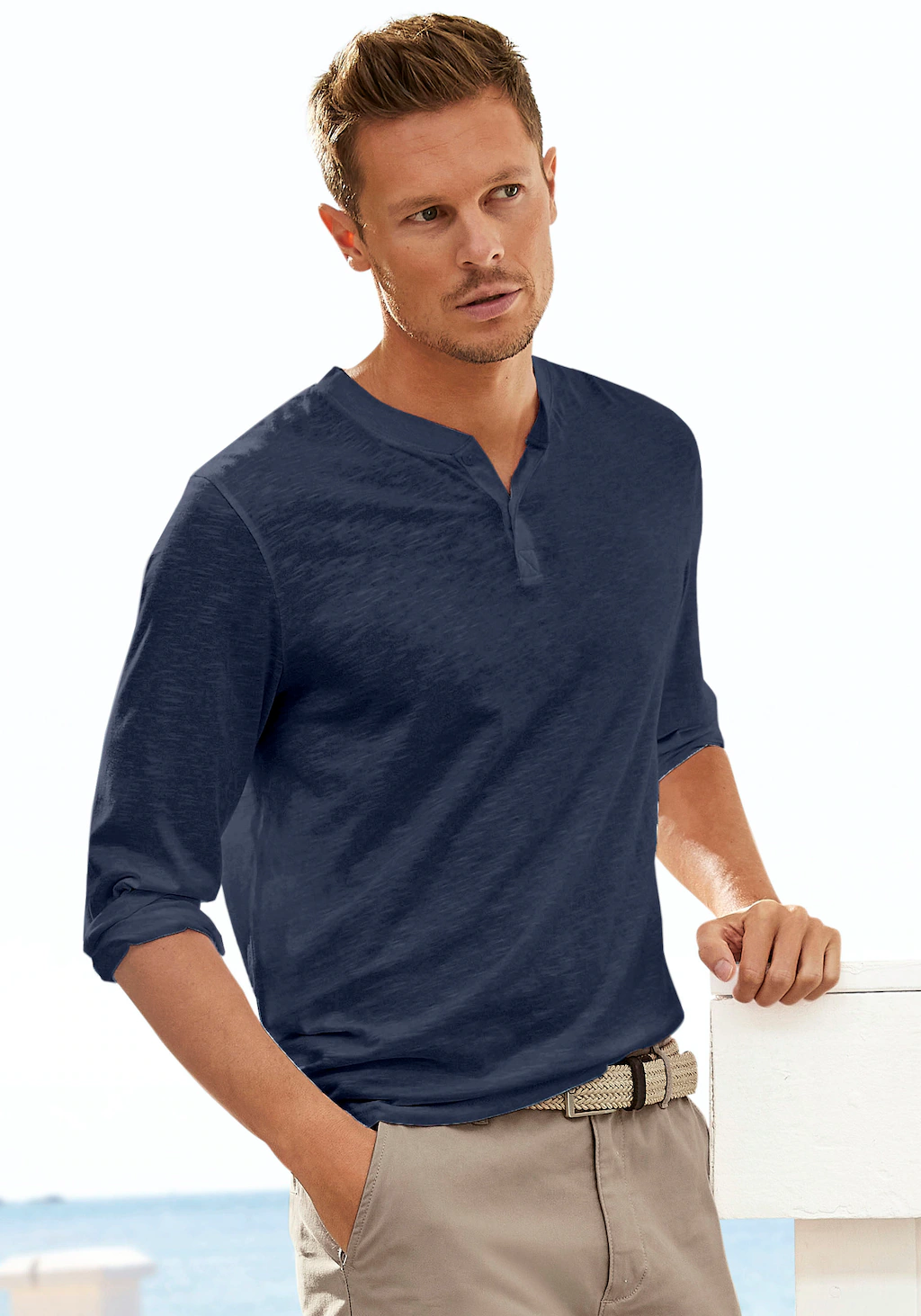 H.I.S Henleyshirt Langarm, Shirt mit Knopfleiste aus strukturierter Baumwol günstig online kaufen