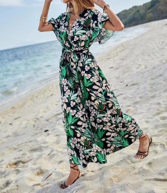 KIKI Midikleid Sommer Damen bedrucktes kurzärmeliges langes Kleid mit V-Aus günstig online kaufen