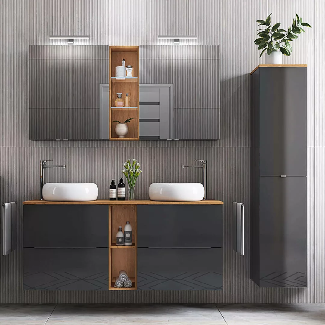 Badezimmermöbel Set in Hochglanz grau mit Wotan Eiche Nb. AMARILLO-147-GREY günstig online kaufen