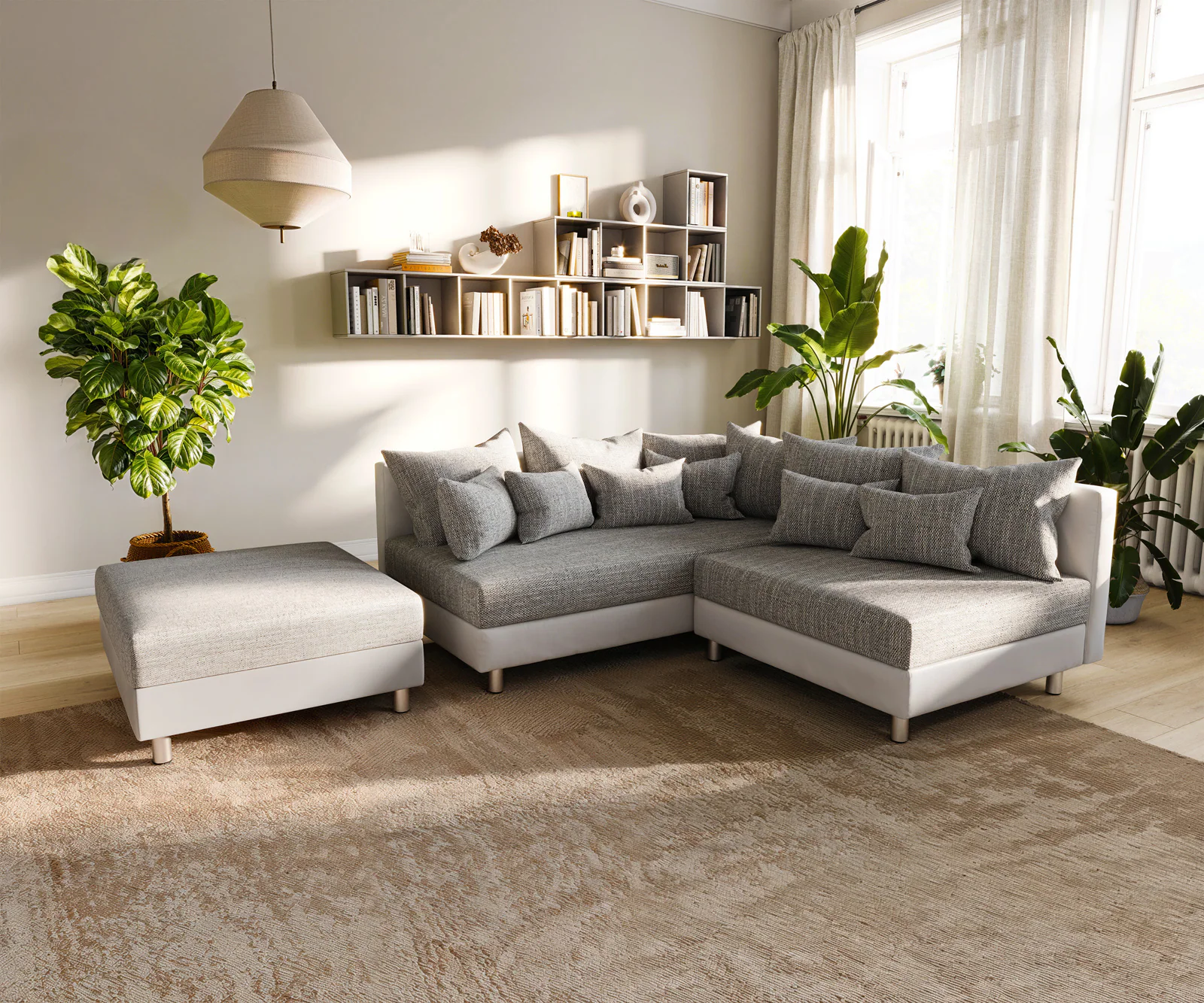 Ecksofa Clovis Weiss Hellgrau Modulsofa Hocker Ottomane Links günstig online kaufen