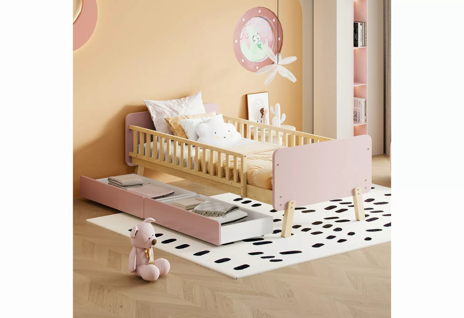 IDEASY Kinderbett Kinderbett 90x190, mit 2 Schubladen, Einzelbett aus Massi günstig online kaufen