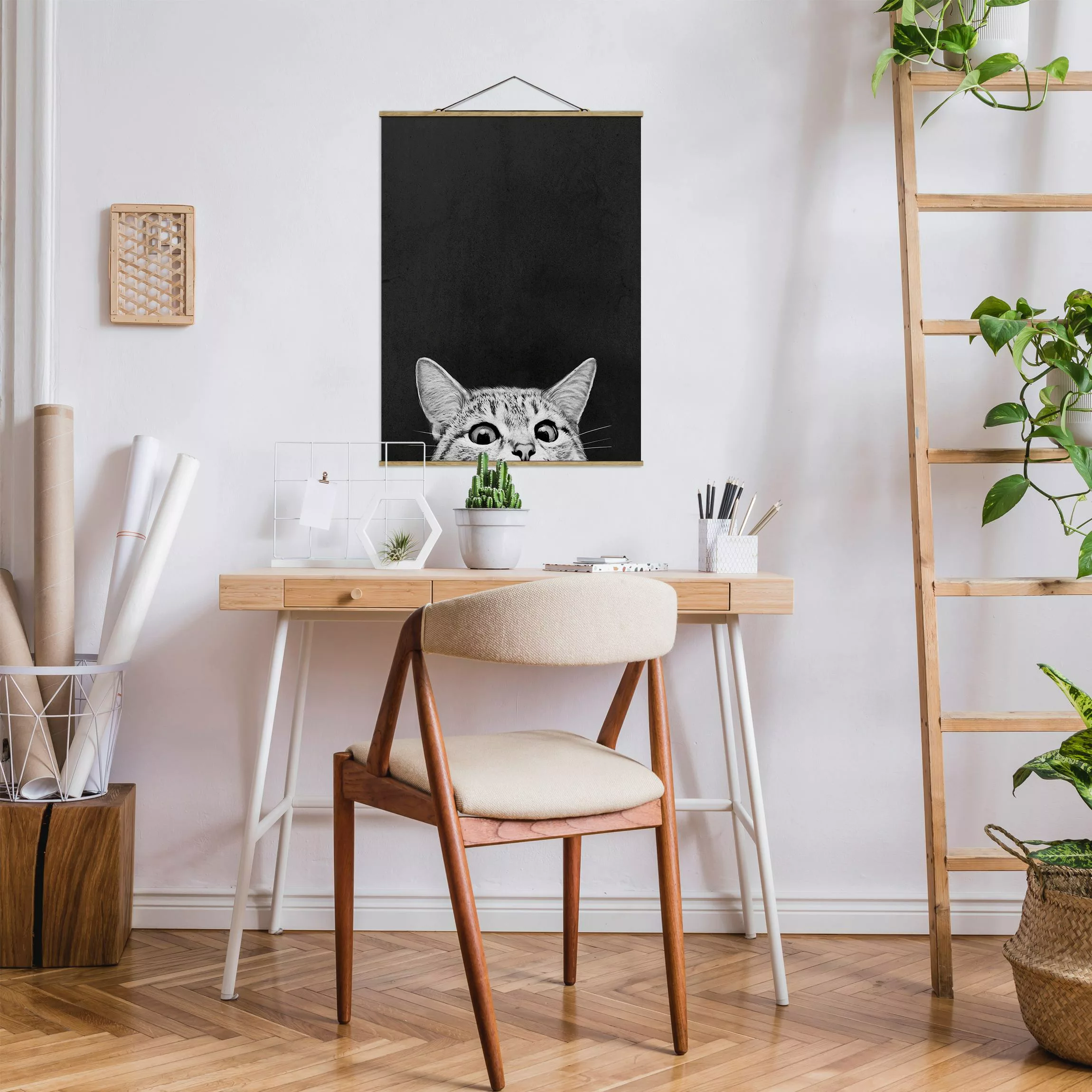 Stoffbild Tiere mit Posterleisten - Hochformat Illustration Katze Schwarz W günstig online kaufen