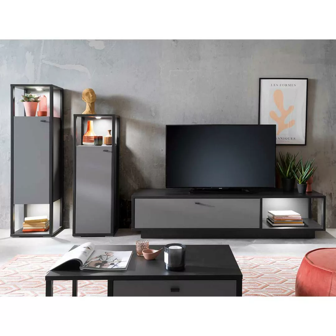 Design Wohnwand in Grau 150 cm hoch 50 cm tief (dreiteilig) günstig online kaufen