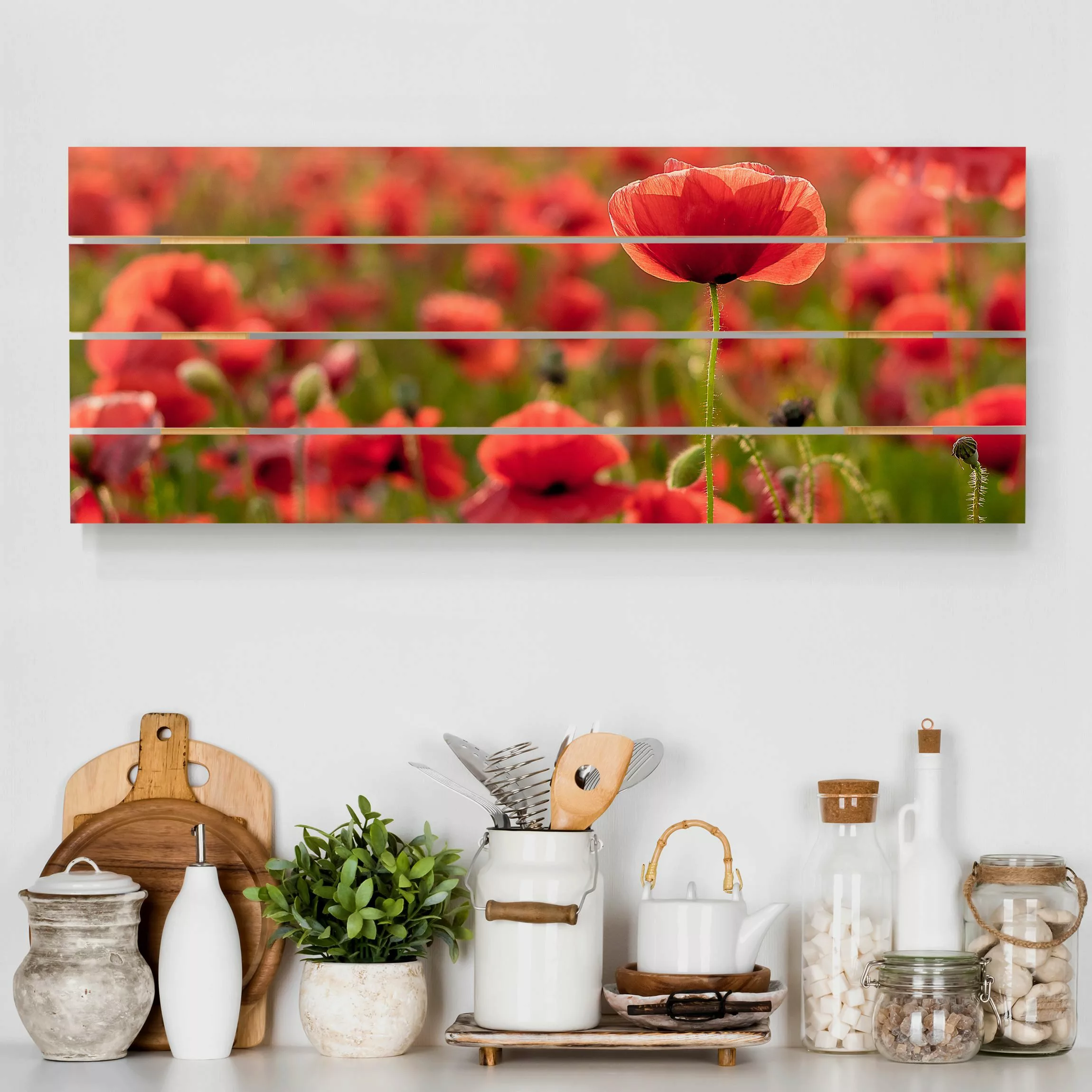 Holzbild Plankenoptik Blumen - Panorama Mohnfeld im Sonnenlicht günstig online kaufen