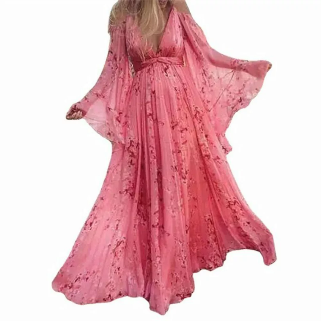 RUZU UG Cocktailkleid Langer Blumenrock mit V-Ausschnitt, lässiges Kleid (1 günstig online kaufen