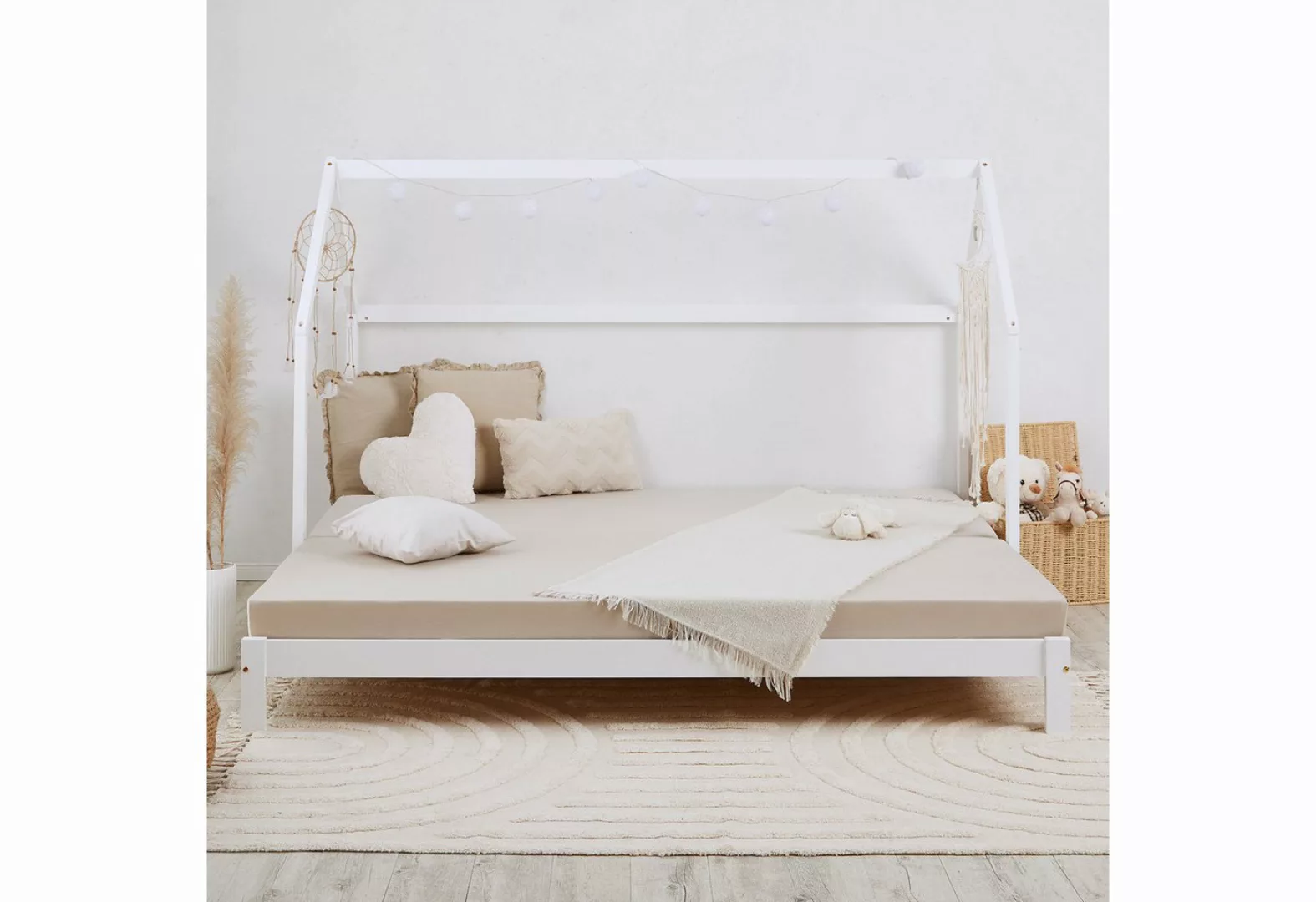 Homestyle4u Holzbett 90x200 Kinderbett Hausbett Weiß Ausziehbett auf 187 cm günstig online kaufen