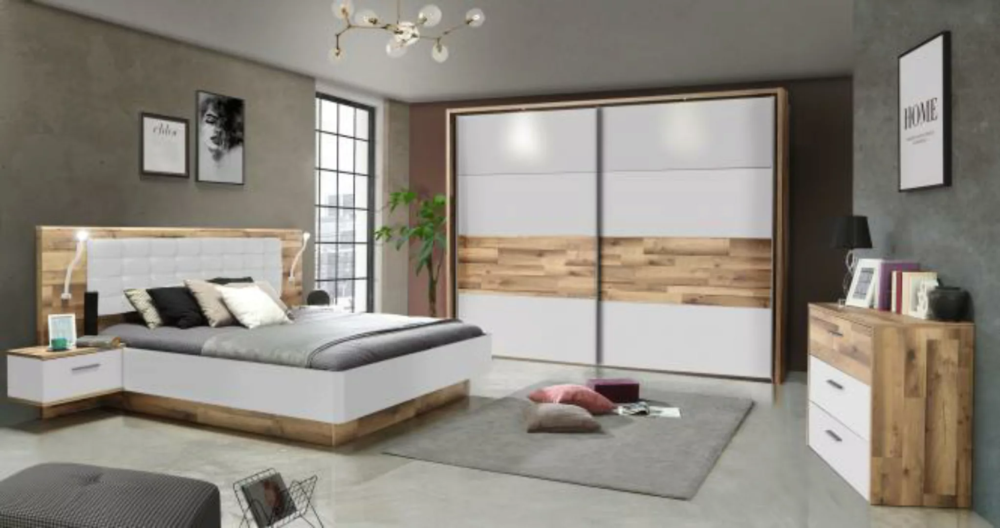 Schlafzimmer Set 3-tlg Modern Way von Forte Stabeiche / Weiss matt günstig online kaufen