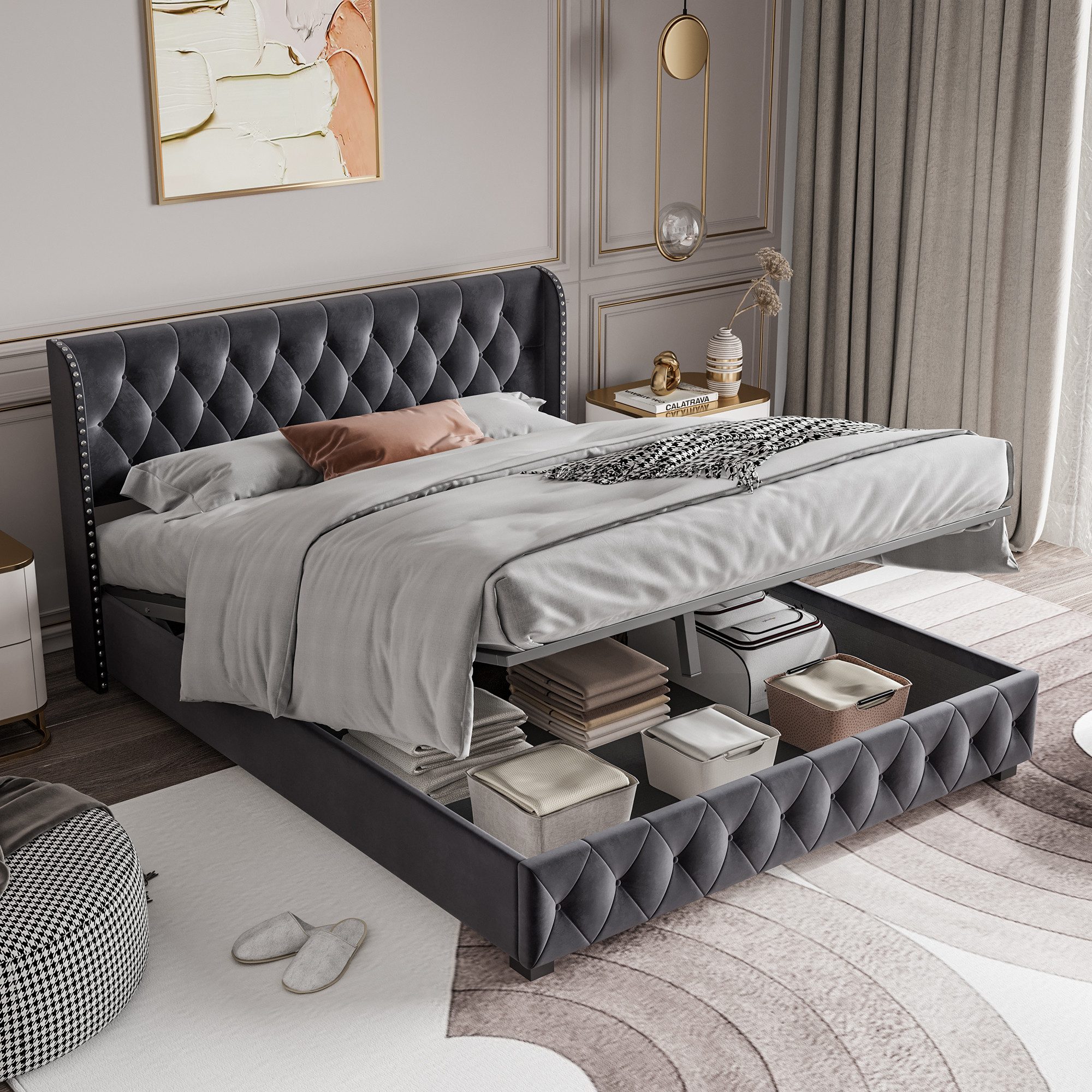 Gdood Polsterbett Stauraumbett Doppelbett Samtstoff, Nietendesign günstig online kaufen