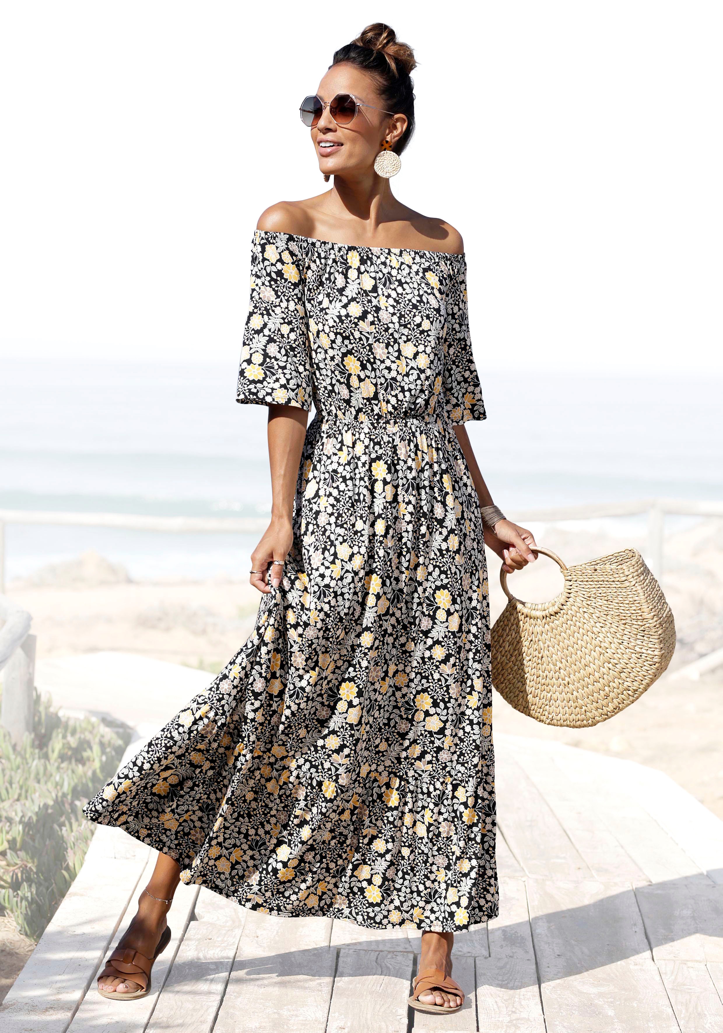 LASCANA Maxikleid mit Blumendruck und Carmenausschnitt, Sommerkleid, Strand günstig online kaufen