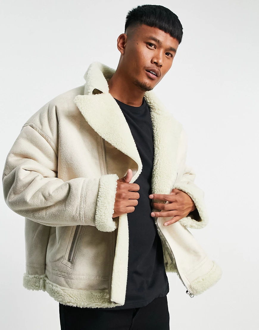 ASOS DESIGN – Oversize-Bikerjacke in Stein mit Teddyfutter-Blonde günstig online kaufen