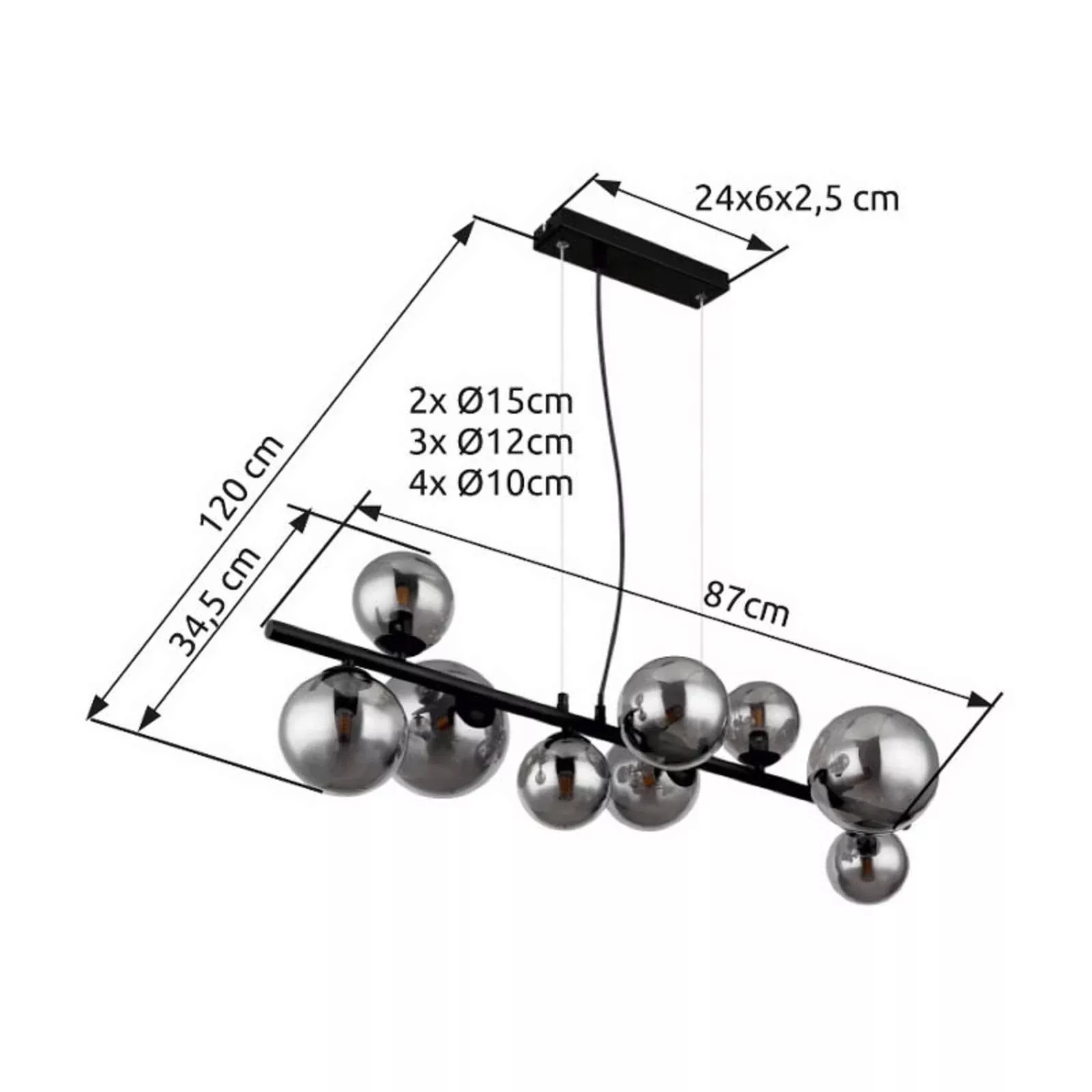 Hängeleuchte Riha, Länge 87 cm, schwarz/rauchfarben, 9-flg. günstig online kaufen
