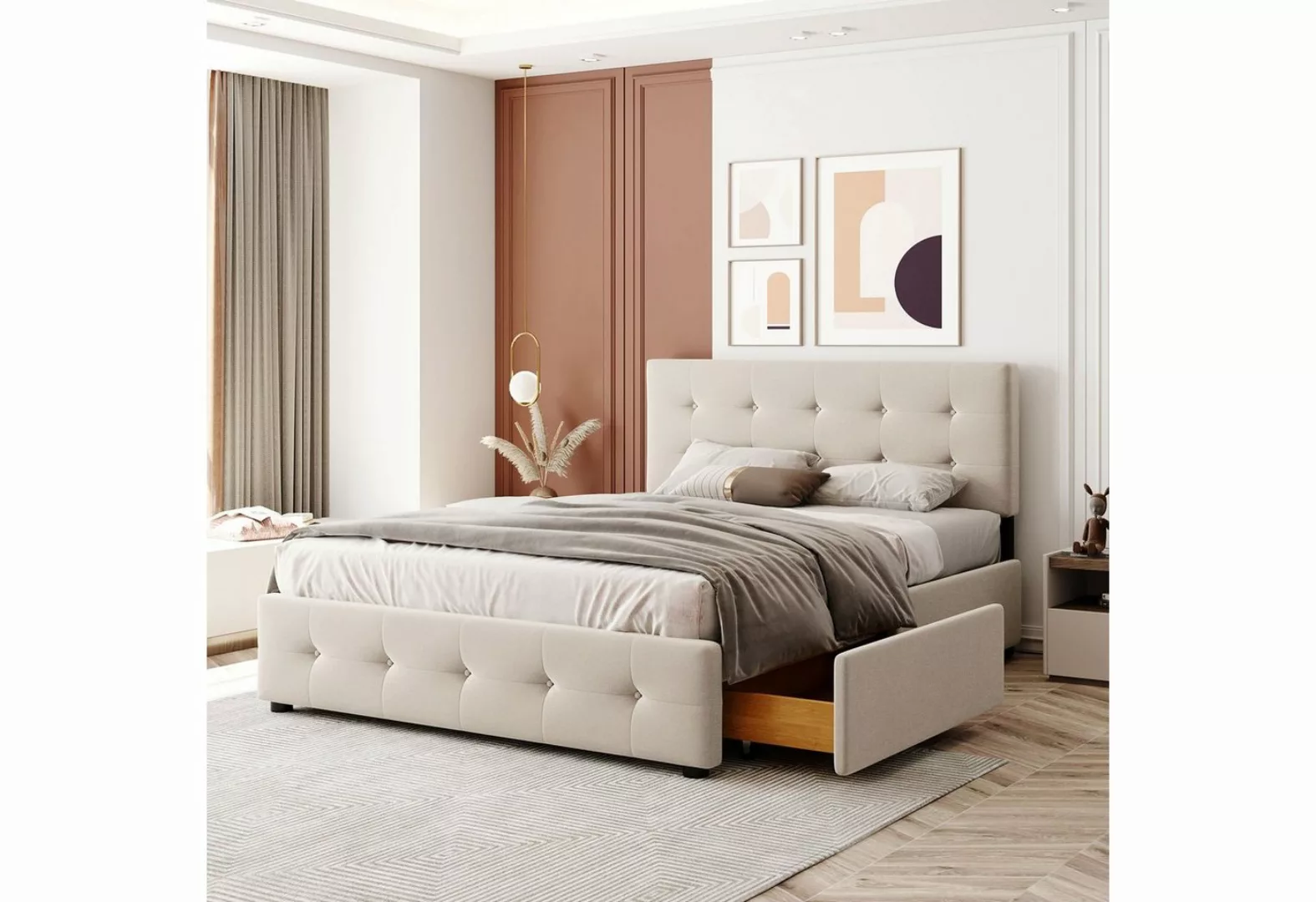 Fangqi Polsterbett 140*200 cm großes gepolstertes Doppelbett mit vier Schub günstig online kaufen