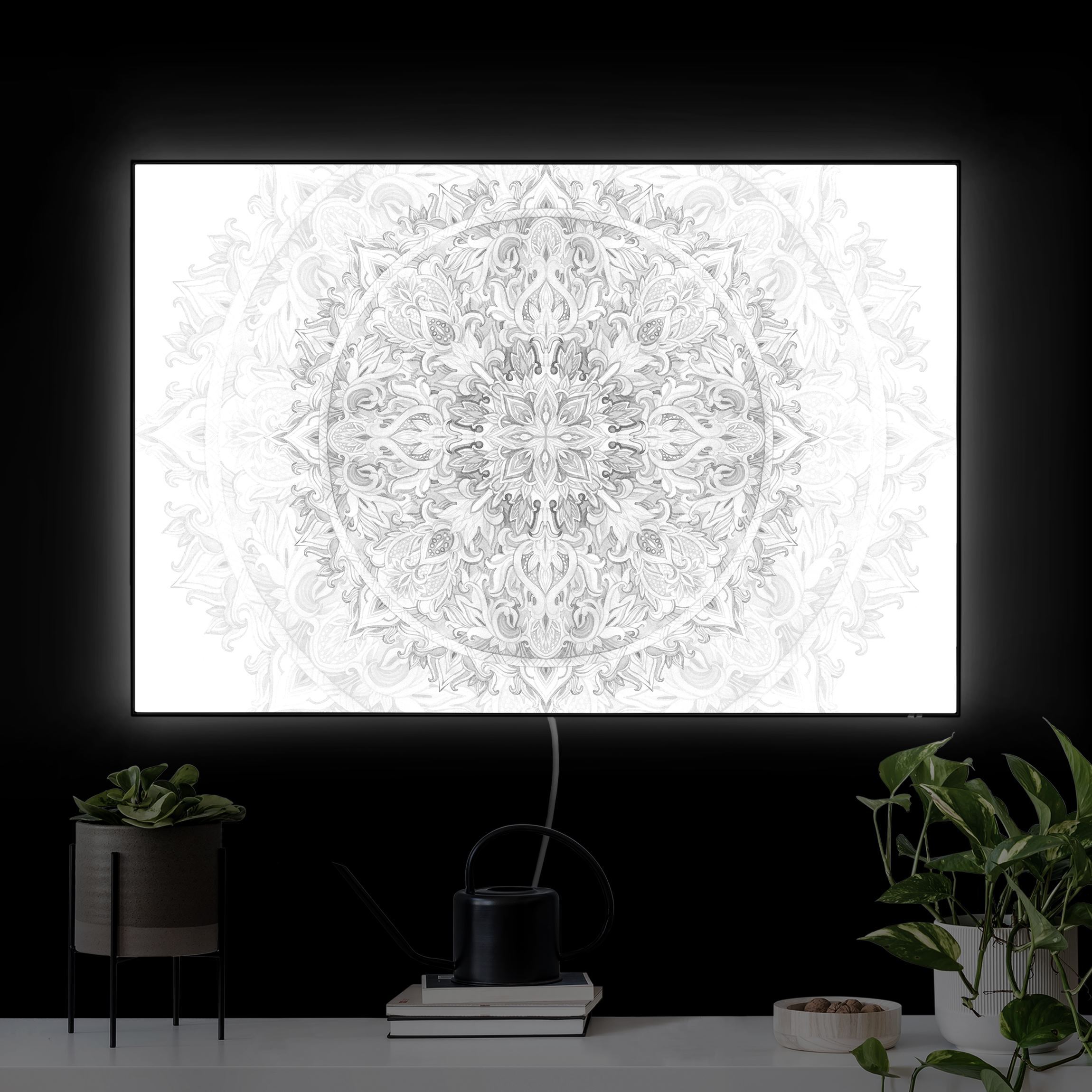 LED-Wechselbild Mandala Aquarell Ornament Muster Schwarz-Weiß günstig online kaufen