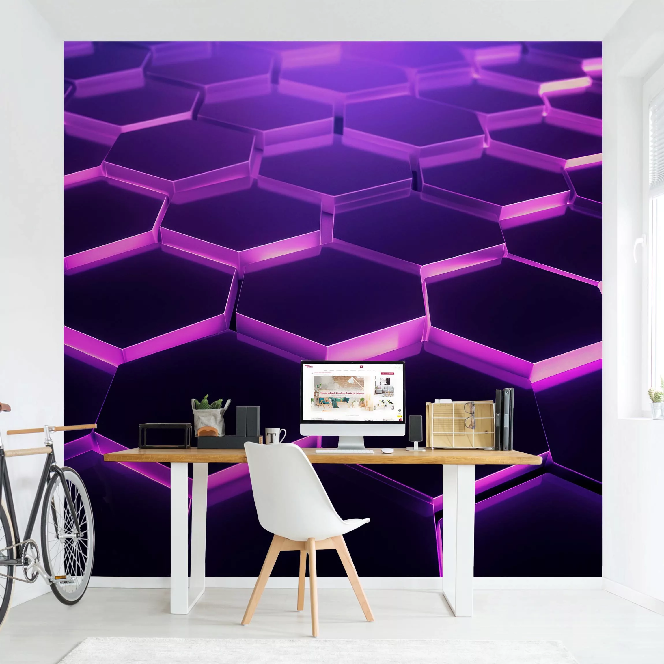 Fototapete Hexagone mit Neonlicht in Lila günstig online kaufen