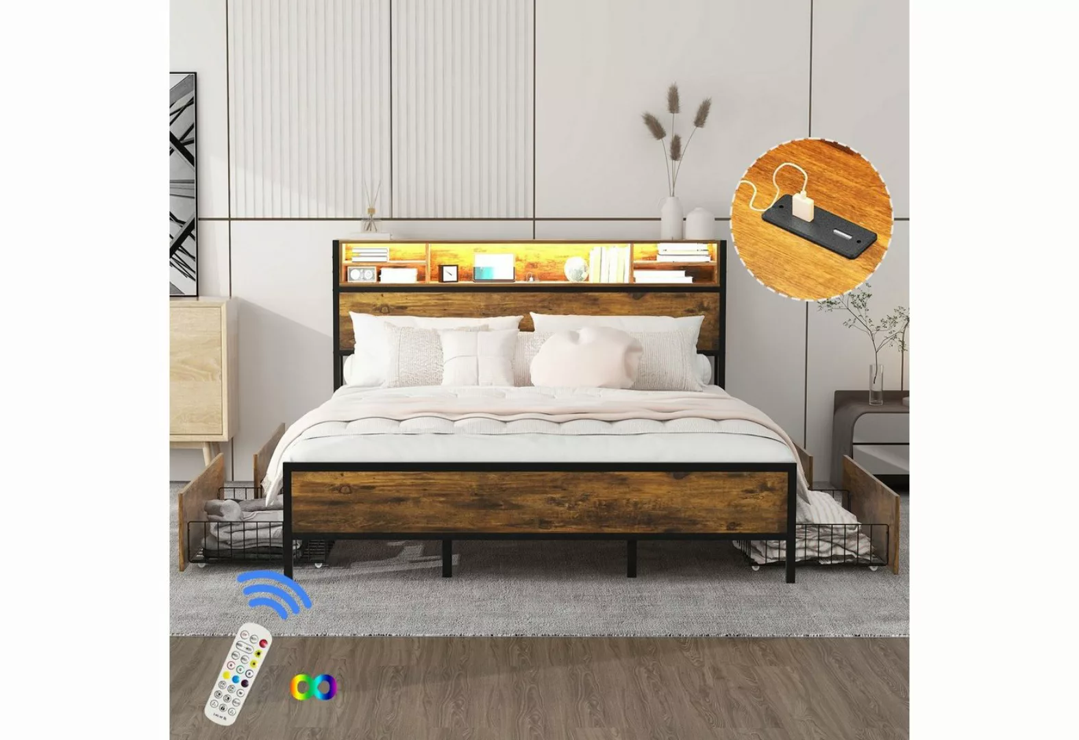 OKWISH Metallbett Doppelbett mit Lattenrost und Kopfteil, LED-Bett mit USB- günstig online kaufen