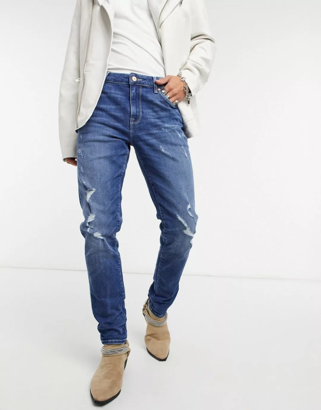 ASOS DESIGN – Enge Jeans in dunkelblauer Vintage-Waschung mit Zierrissen, 1 günstig online kaufen