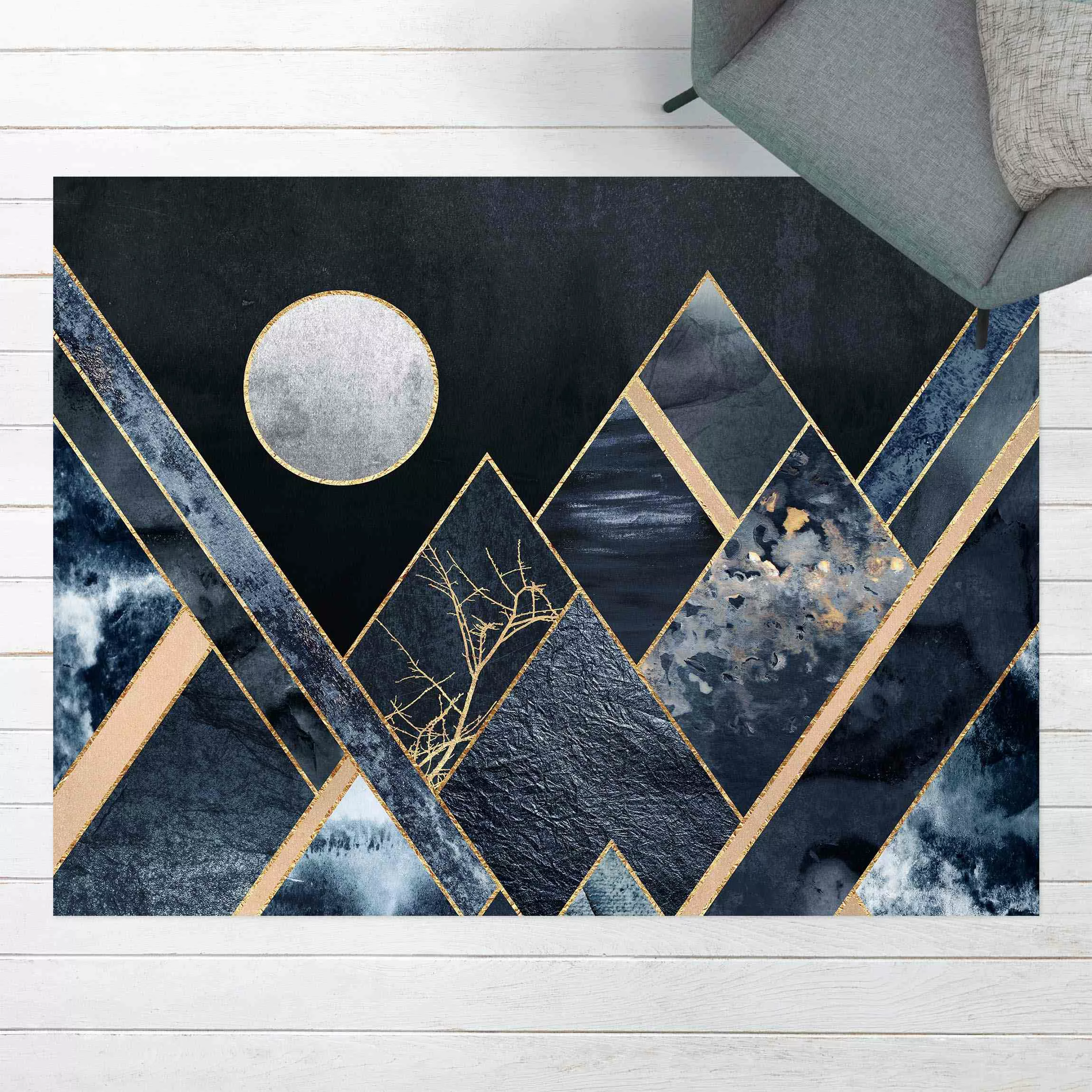 Vinyl-Teppich Goldener Mond abstrakte schwarze Berge günstig online kaufen