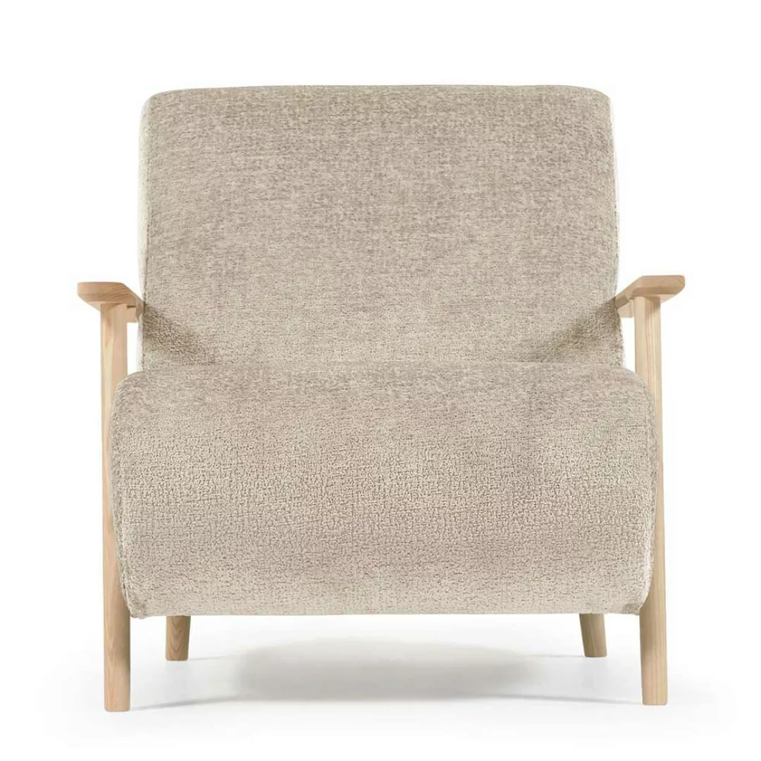 Mid Century Sessel in Beige Chenille Holz Armlehnen günstig online kaufen