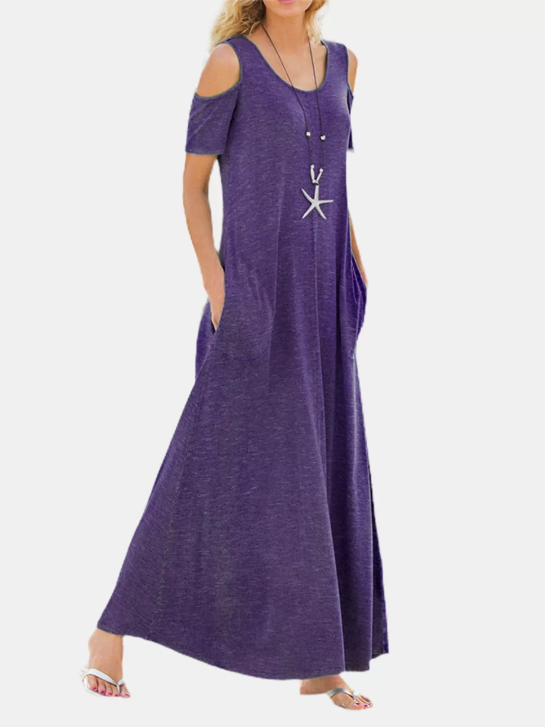 Einfarbiger Kurzarm-O-Ausschnitt Maxi Kleid günstig online kaufen