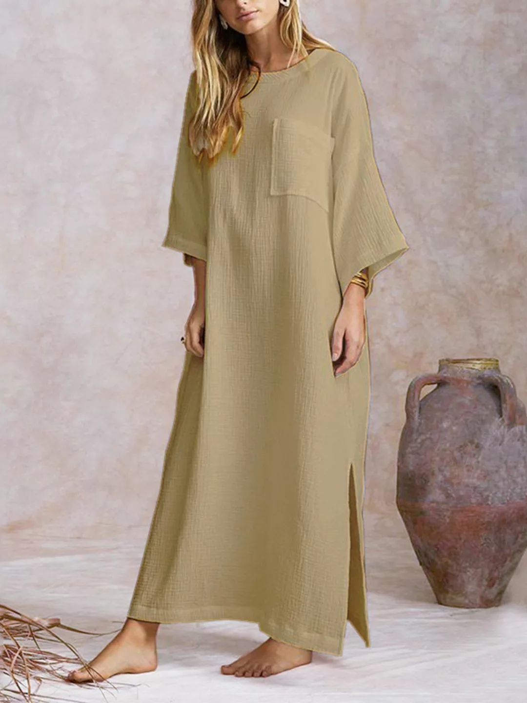 Side Splited Solid Color Langarm Maxi Kleid Für Damen günstig online kaufen