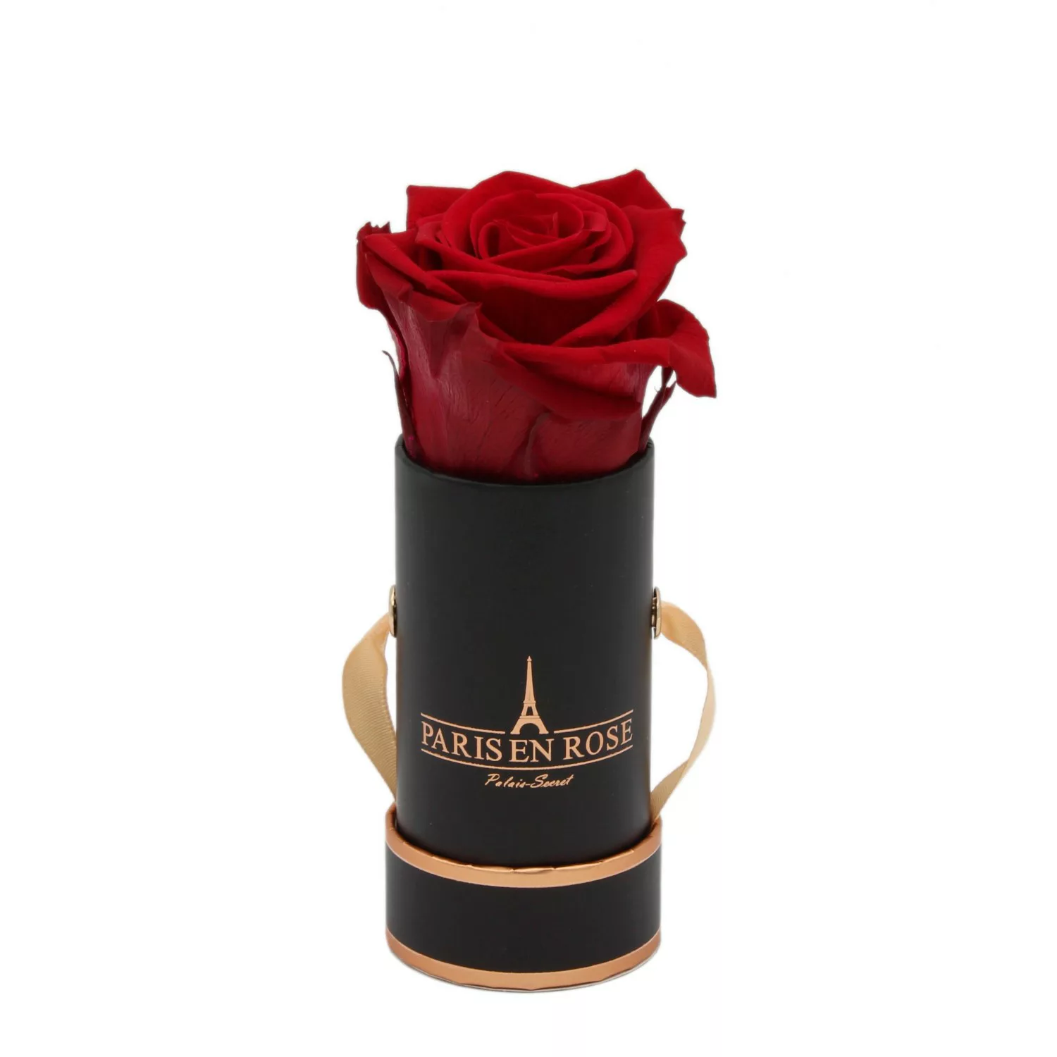 Rosenbox Ø 5 cm Schwarz-Roségold mit einer Bordeaux Rose günstig online kaufen