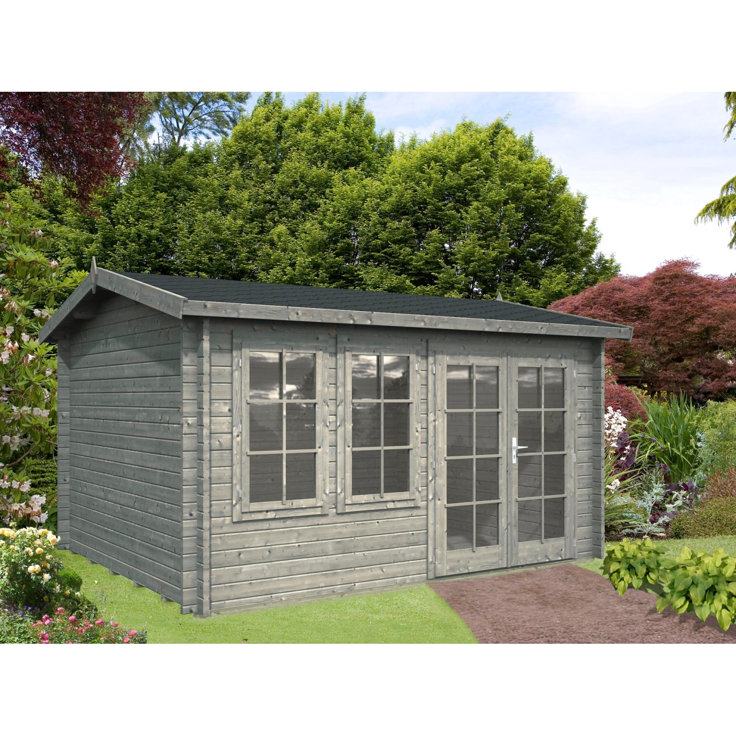 Palmako Iris Holz-Gartenhaus Grau Satteldach Tauchgrundiert 390 cm x 300 cm günstig online kaufen