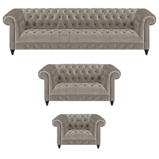 JVmoebel Chesterfield-Sofa Komplett Einrichtung Grau 3tlg Polstermöbel Sofa günstig online kaufen